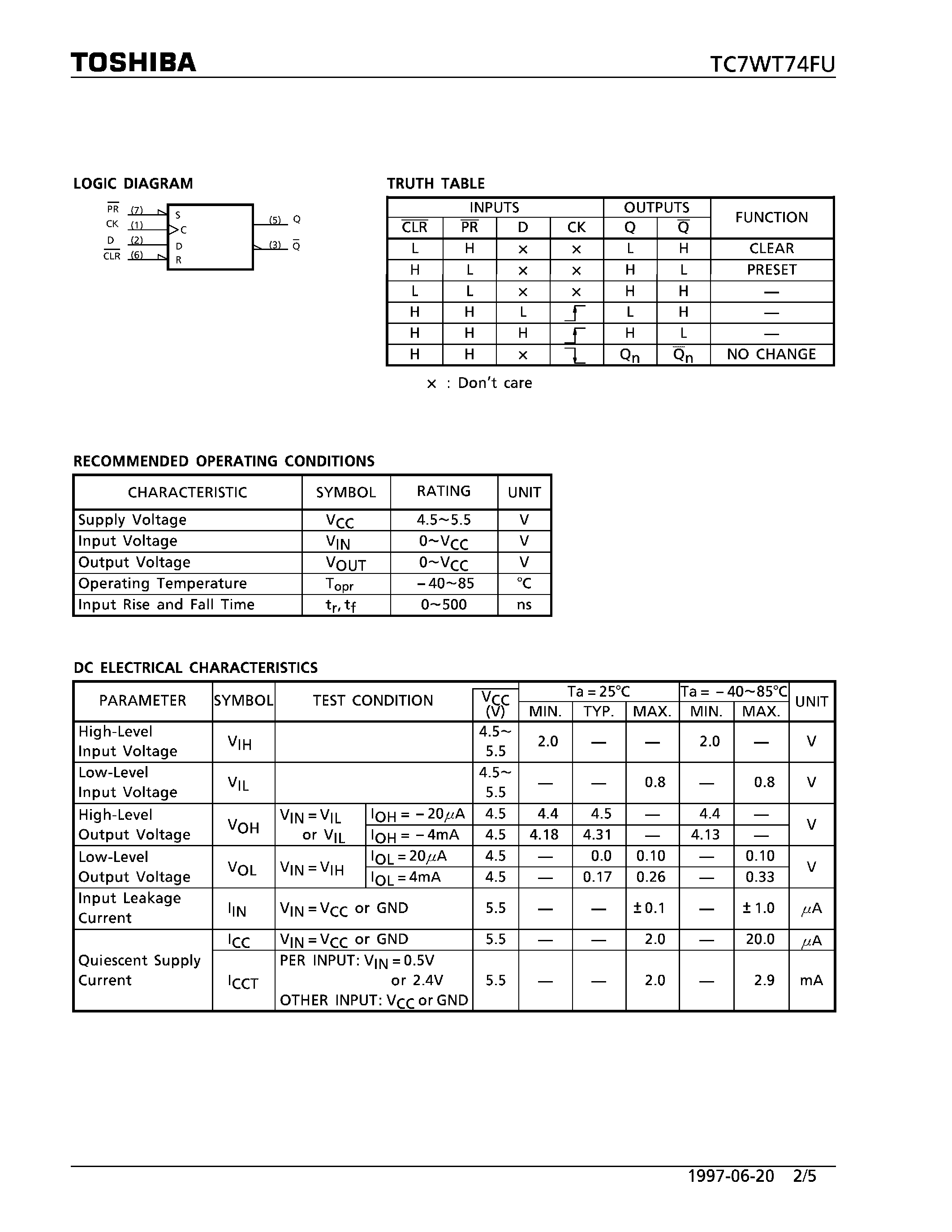 Datasheet TC7WT74FU - D-TYPE FLIP FLOP WITH PRESET AND CLEAR page 2