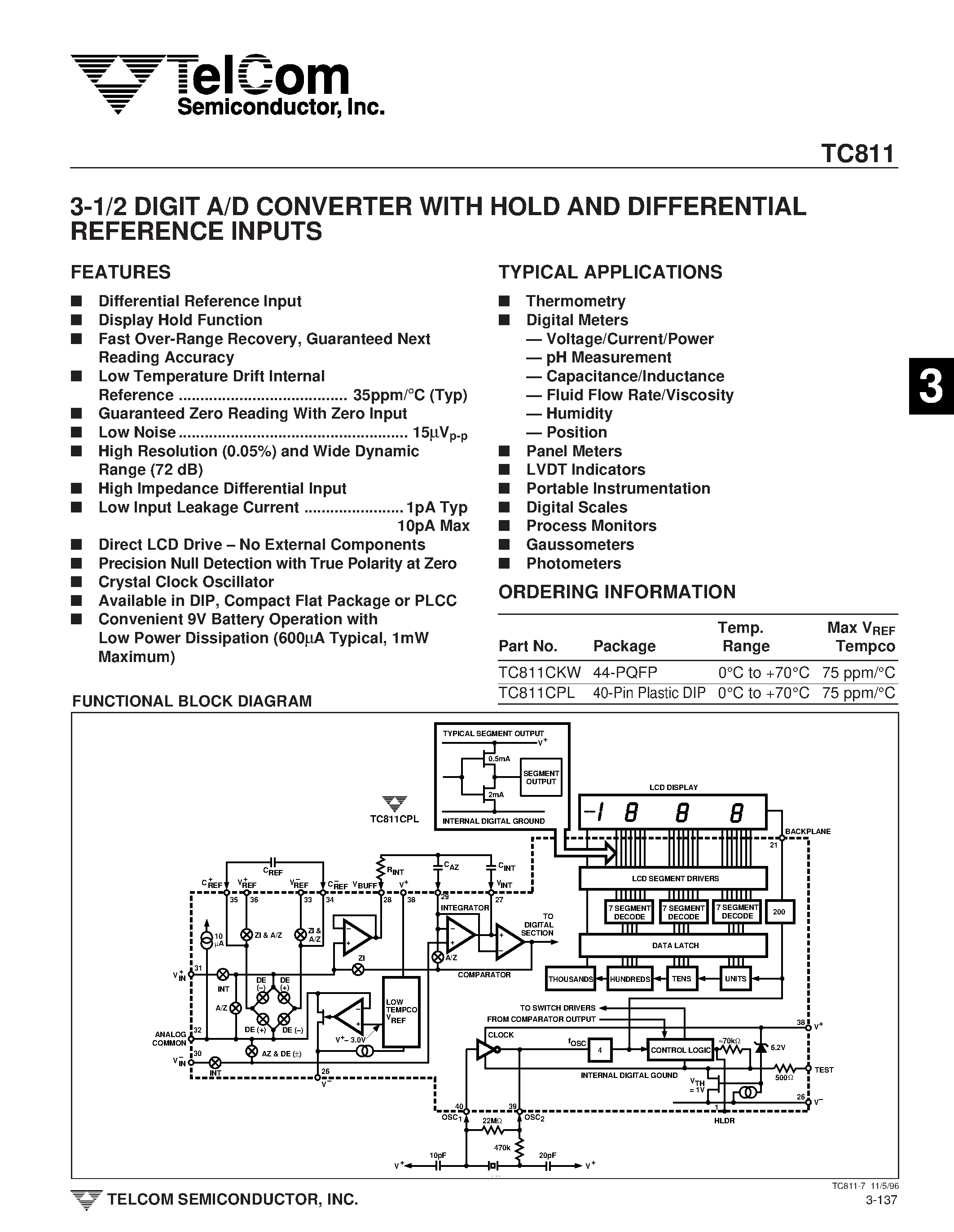 Даташит TC811 - 3-1/2 DIGIT A/D CONVERTER WITH HOLD AND DIFFERENTIAL REFERENCE INPUTS страница 1