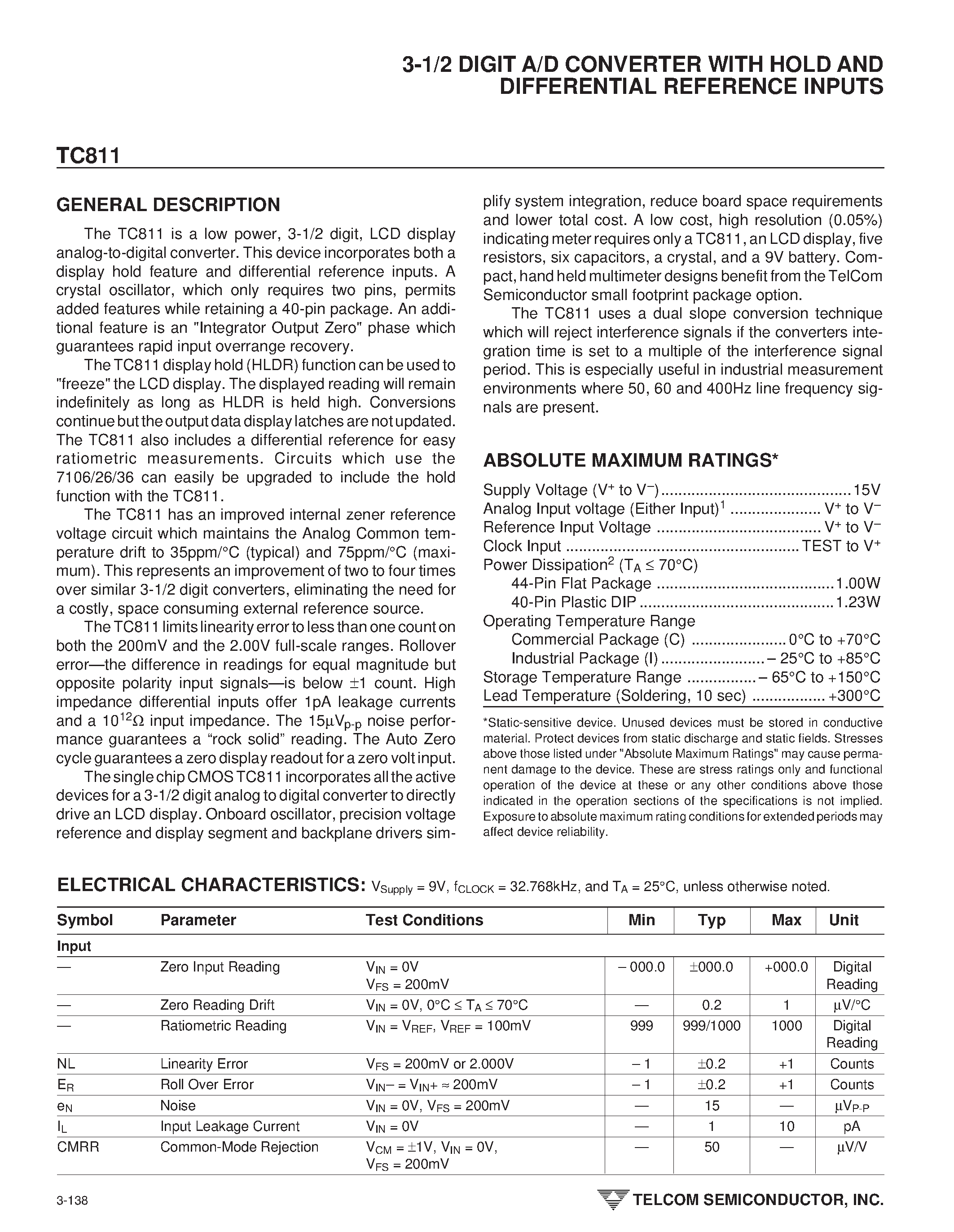 Даташит TC811 - 3-1/2 DIGIT A/D CONVERTER WITH HOLD AND DIFFERENTIAL REFERENCE INPUTS страница 2