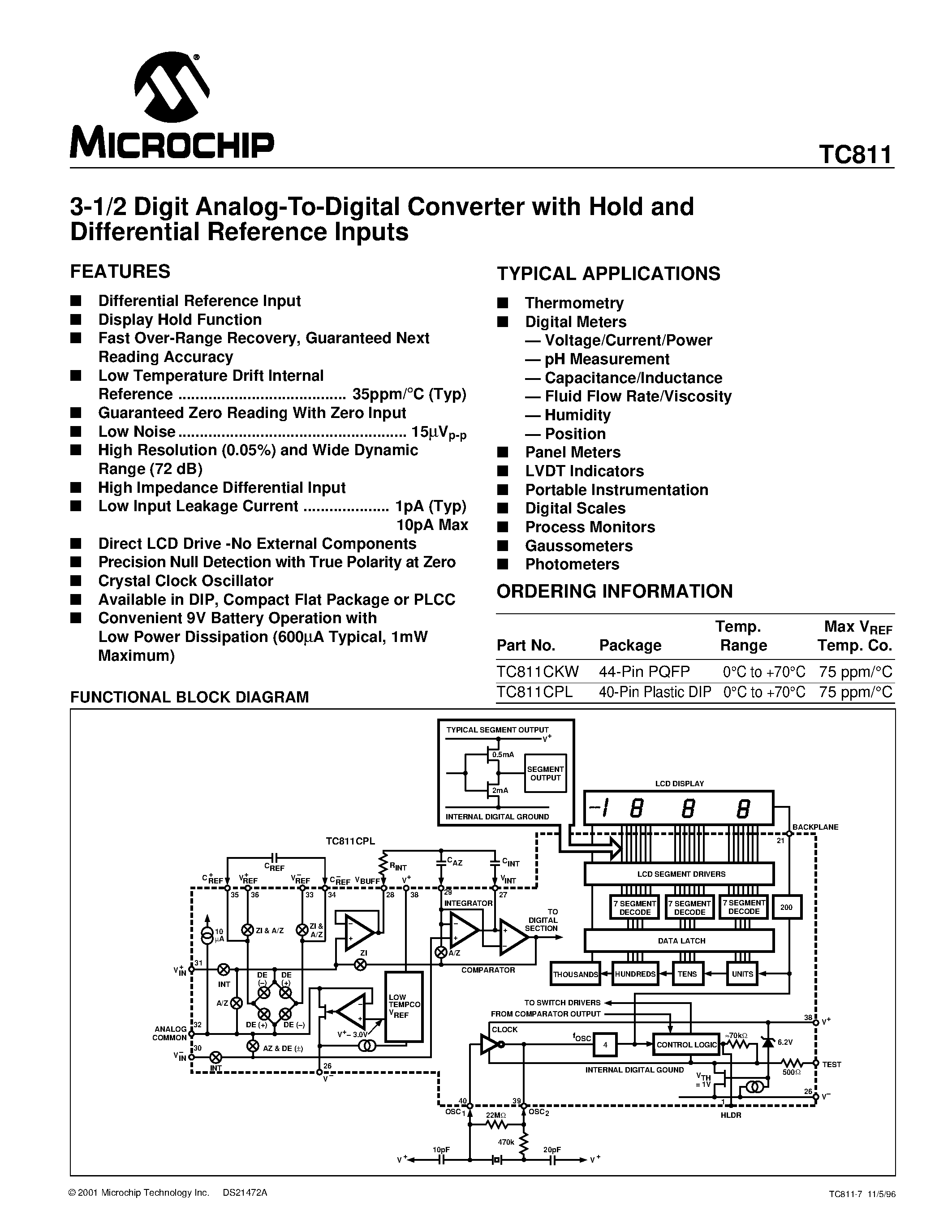 Даташит TC811 - 3-1/2 Digit Analog-To-Digital Converter with Hold and Differential Reference Inputs страница 1