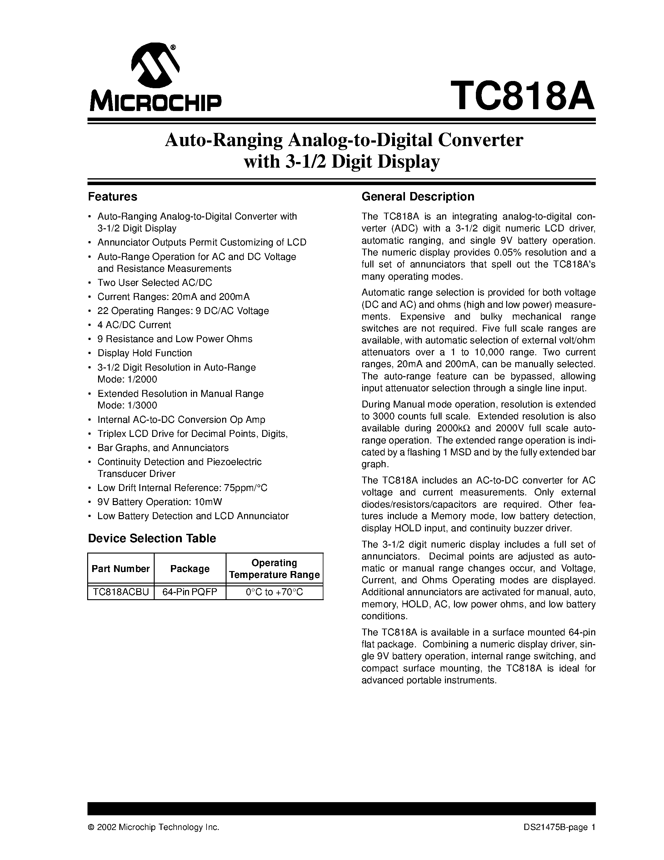 Даташит TC818 - Auto-Ranging Analog-to-Digital Converter with 3-1/2 Digit Display страница 1