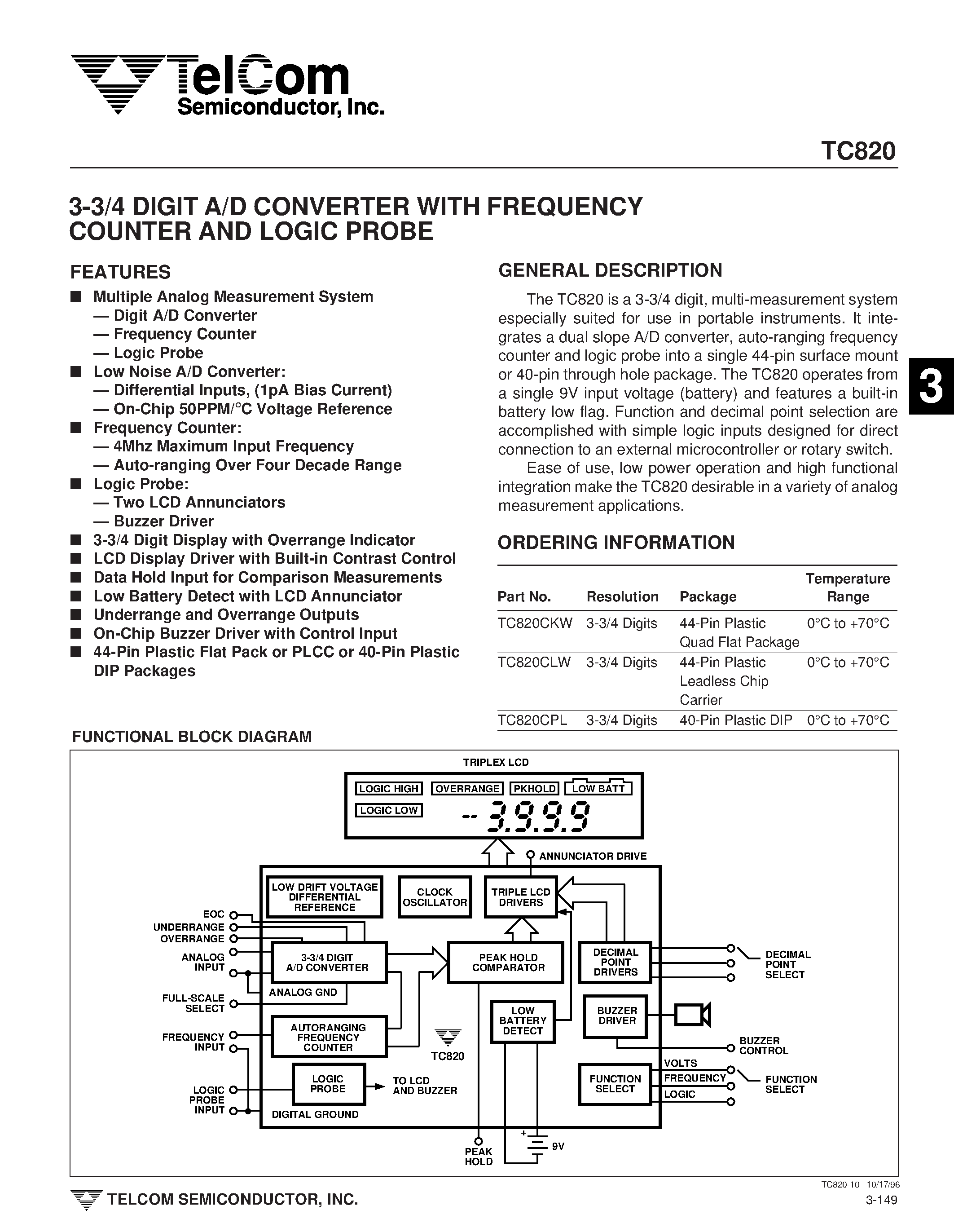 Datasheet TC820 - 3-3/4 DIGIT A/D CONVERTER WITH FREQUENCY COUNTER AND LOGIC PROBE page 1