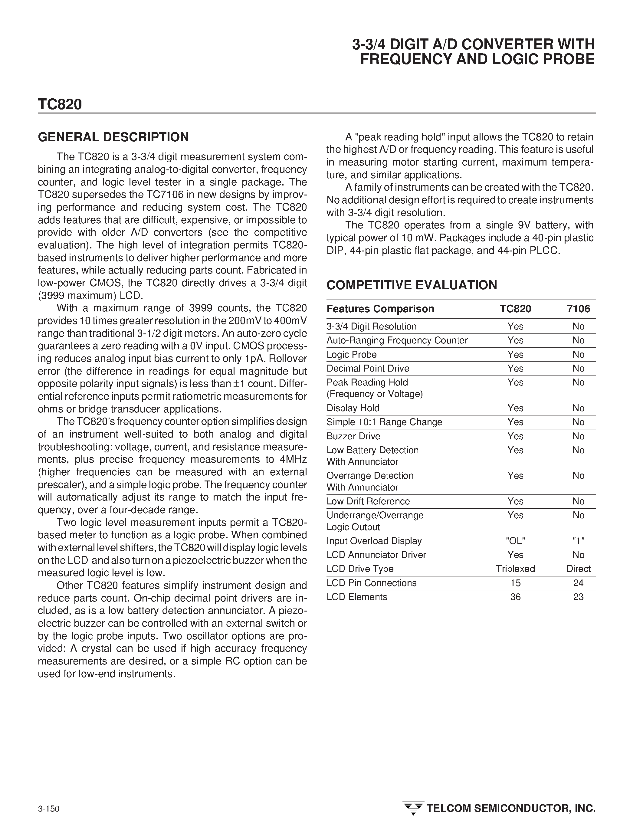 Datasheet TC820 - 3-3/4 DIGIT A/D CONVERTER WITH FREQUENCY COUNTER AND LOGIC PROBE page 2