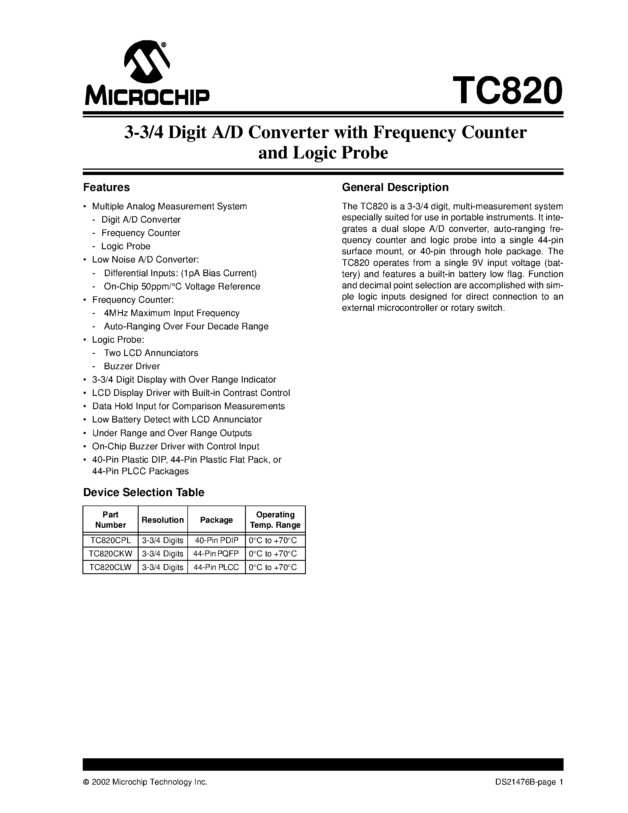 Datasheet TC820CKW - 3-3/4 Digit A/D Converter with Frequency Counter and Logic Probe page 1