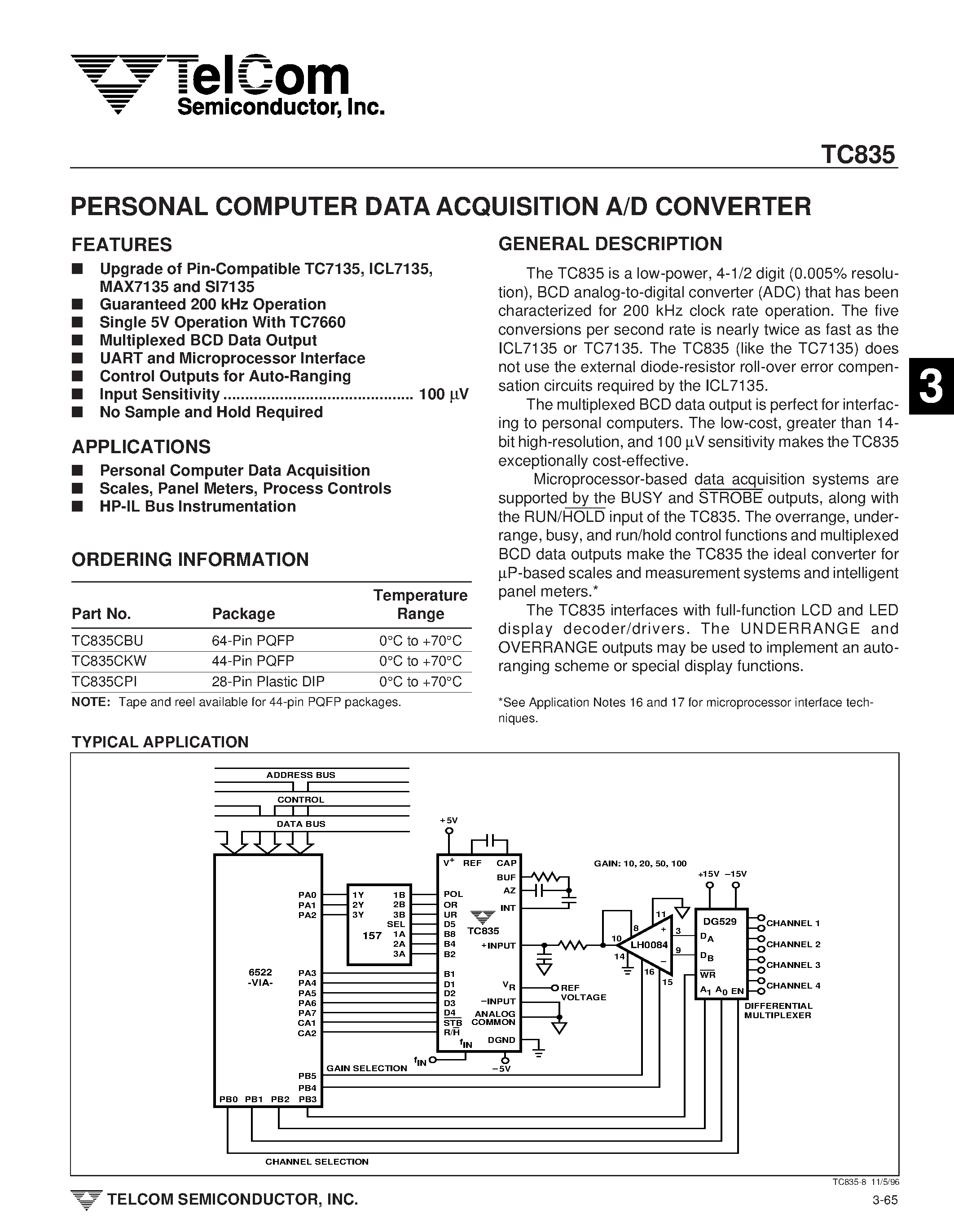 Datasheet TC835CKW - PERSONAL COMPUTER DATA ACQUISITION A/D CONVERTER page 1