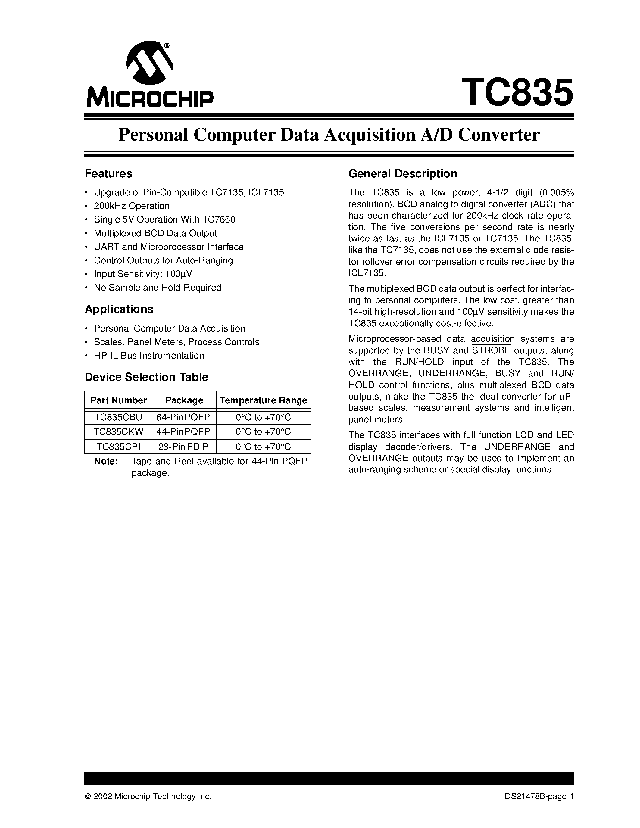 Datasheet TC835CPI - Personal Computer Data Acquisition A/D Converter page 1