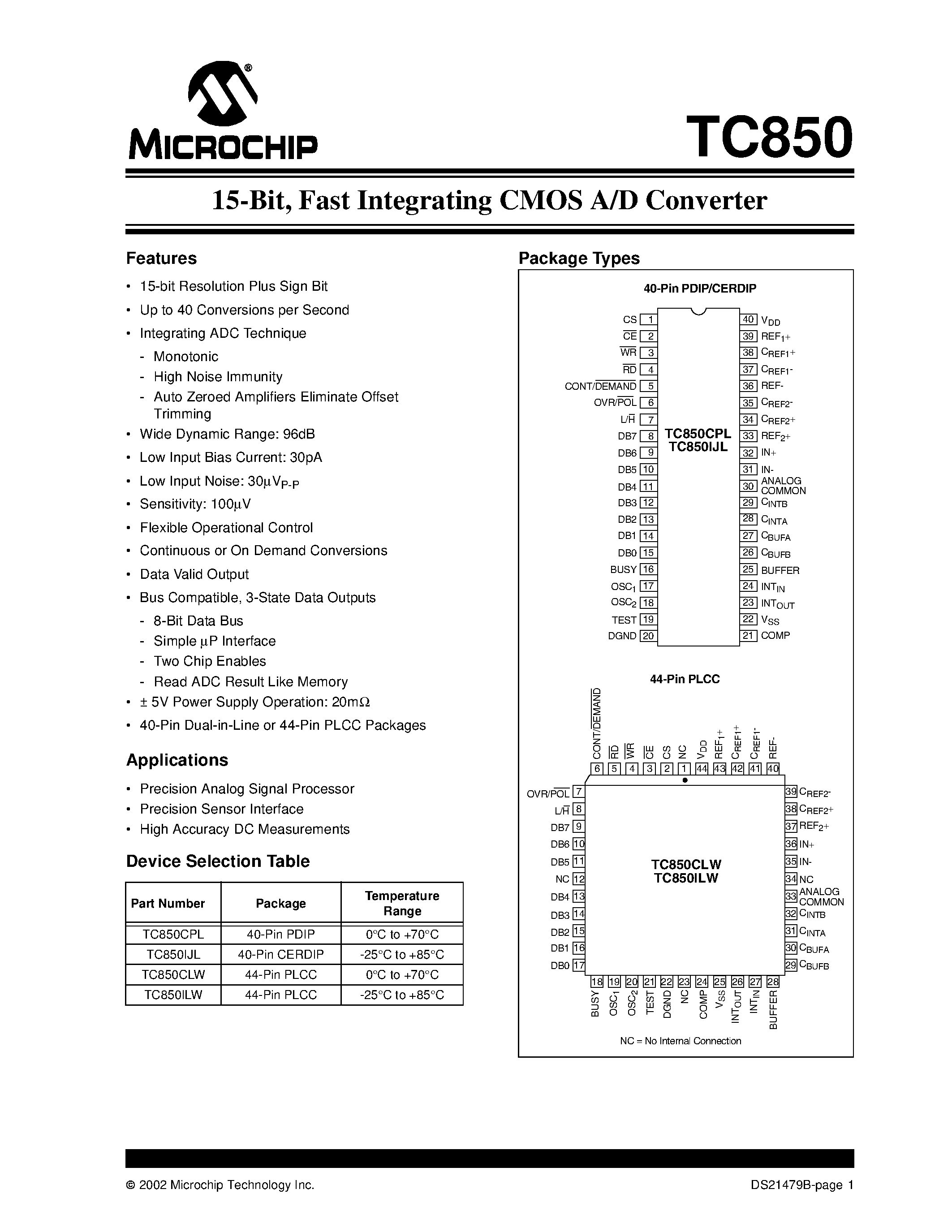 Datasheet TC850CLW - 15-Bit/ Fast Integrating CMOS A/D Converter page 1