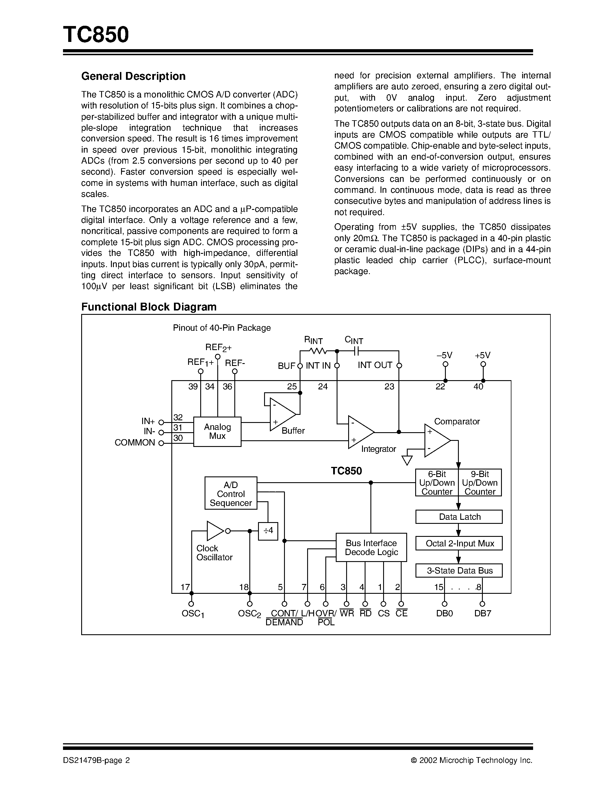 Datasheet TC850CLW - 15-Bit/ Fast Integrating CMOS A/D Converter page 2