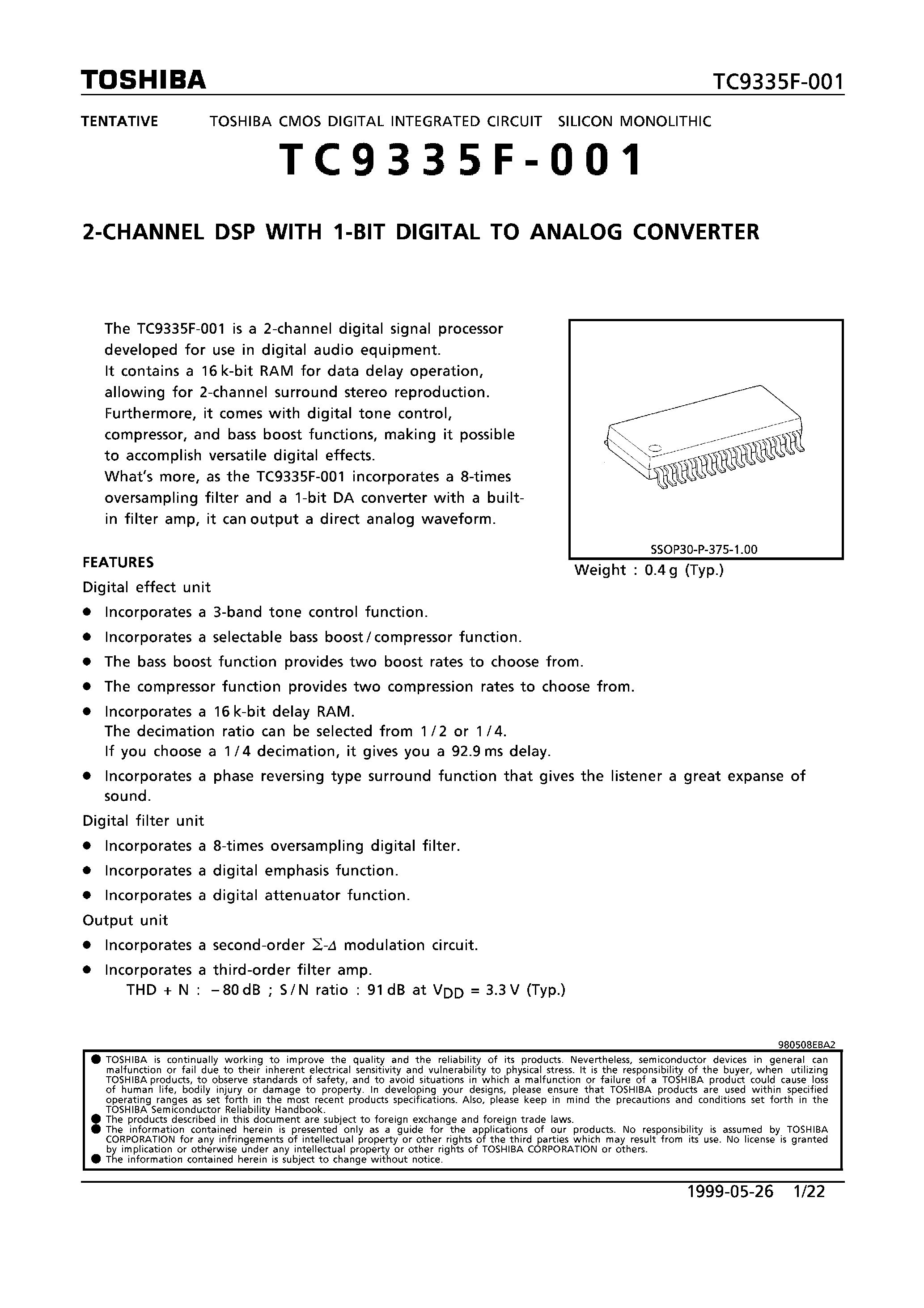 Даташит TC9335F-001 - 2-CHANNEL DSP WITH 1-BIT DIGITAL TO ANALOG CONVERTER страница 1