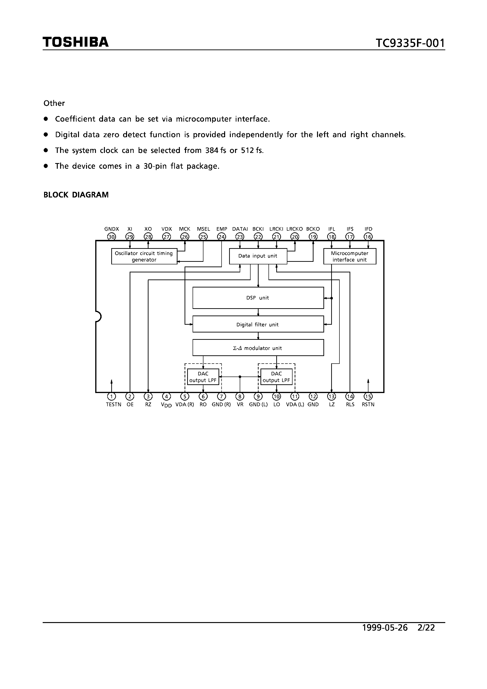 Даташит TC9335F-001 - 2-CHANNEL DSP WITH 1-BIT DIGITAL TO ANALOG CONVERTER страница 2