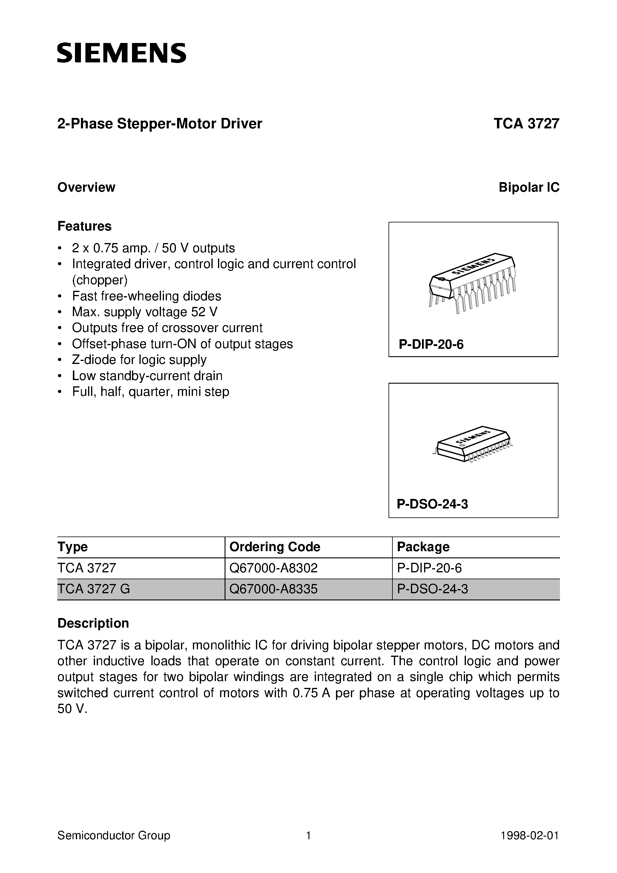 Даташит TCA3727 - 2-Phase Stepper-Motor Driver страница 1