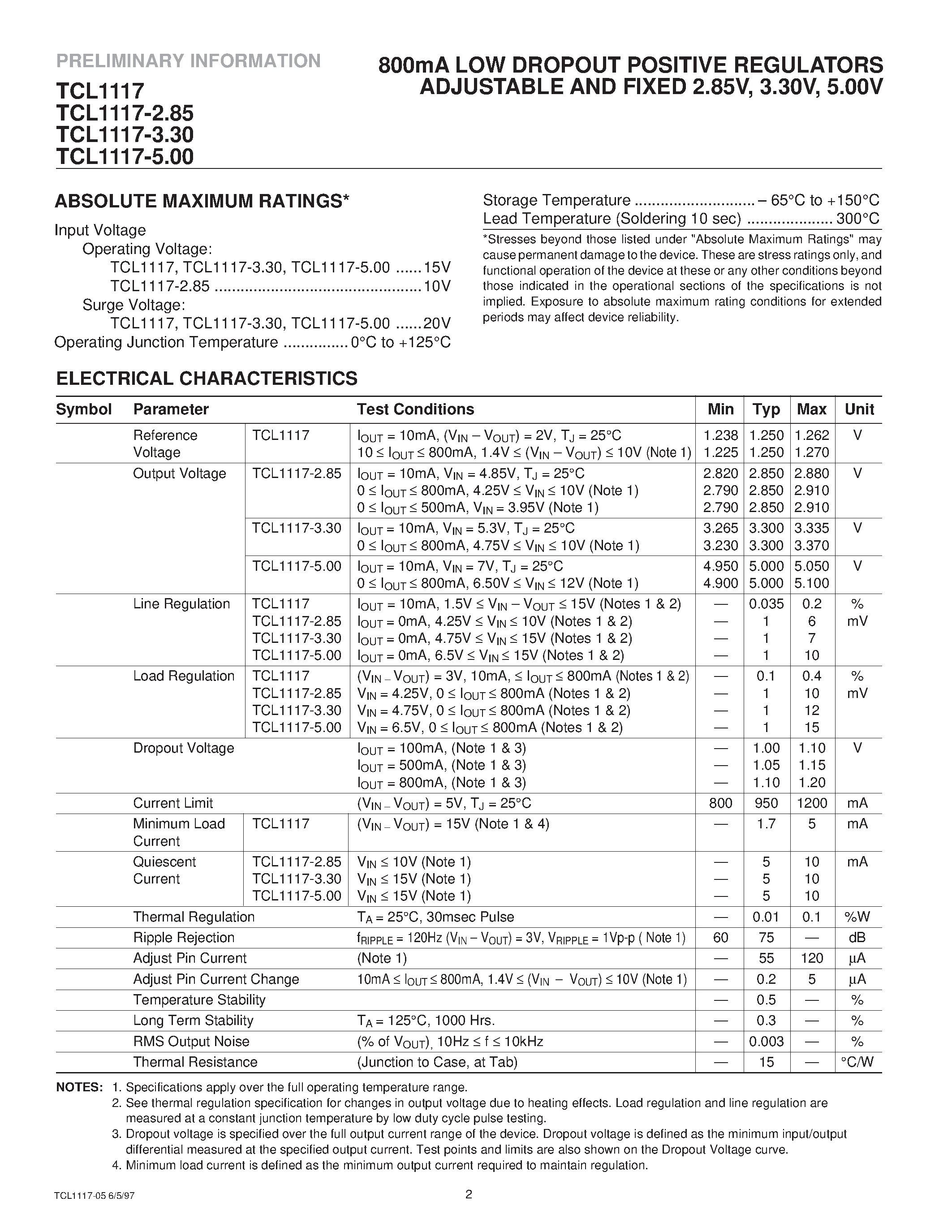 Даташит TCL1117 - 800mA LOW DROPOUT POSITIVE REGULATORS ADJUSTABLE AND FIXED 2.85V/ 3.30V/ 5.00V страница 2