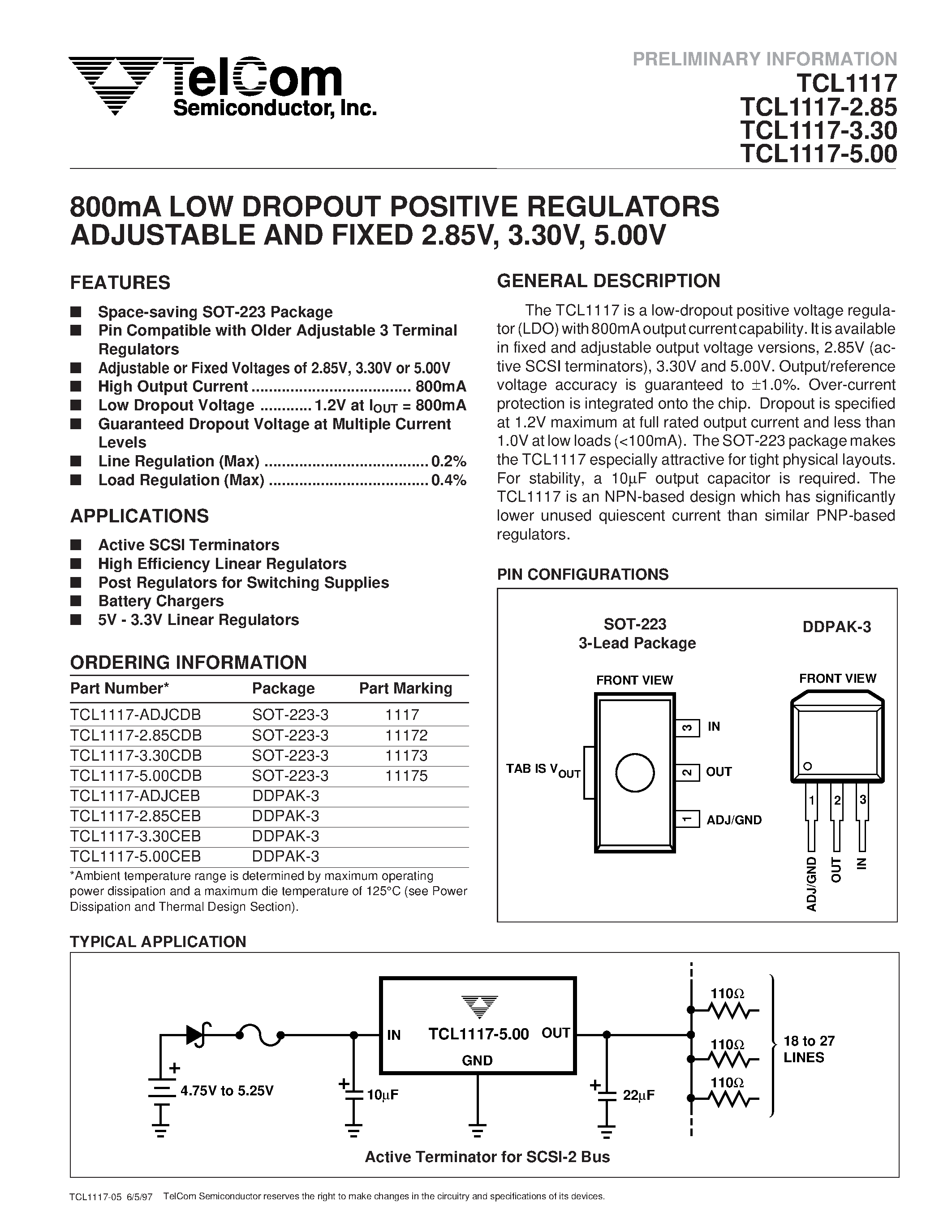 Даташит TCL1117-ADJCDB - 800mA LOW DROPOUT POSITIVE REGULATORS ADJUSTABLE AND FIXED 2.85V/ 3.30V/ 5.00V страница 1