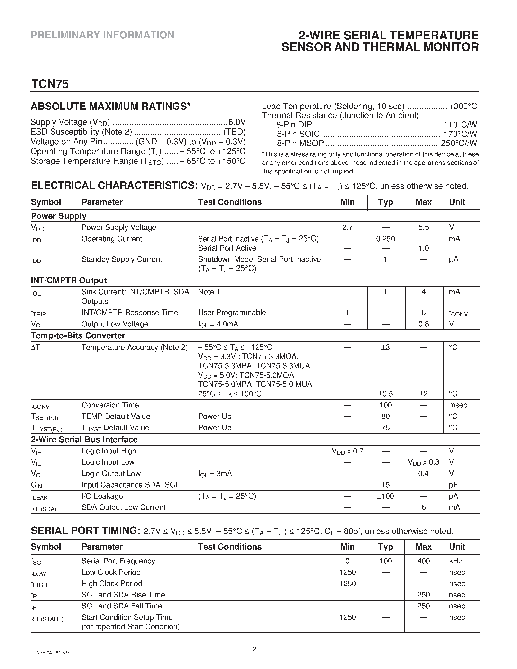 Даташит TCN75 - 2-WIRE SERIAL TEMPERATURE SENSOR AND THERMAL MONITOR страница 2