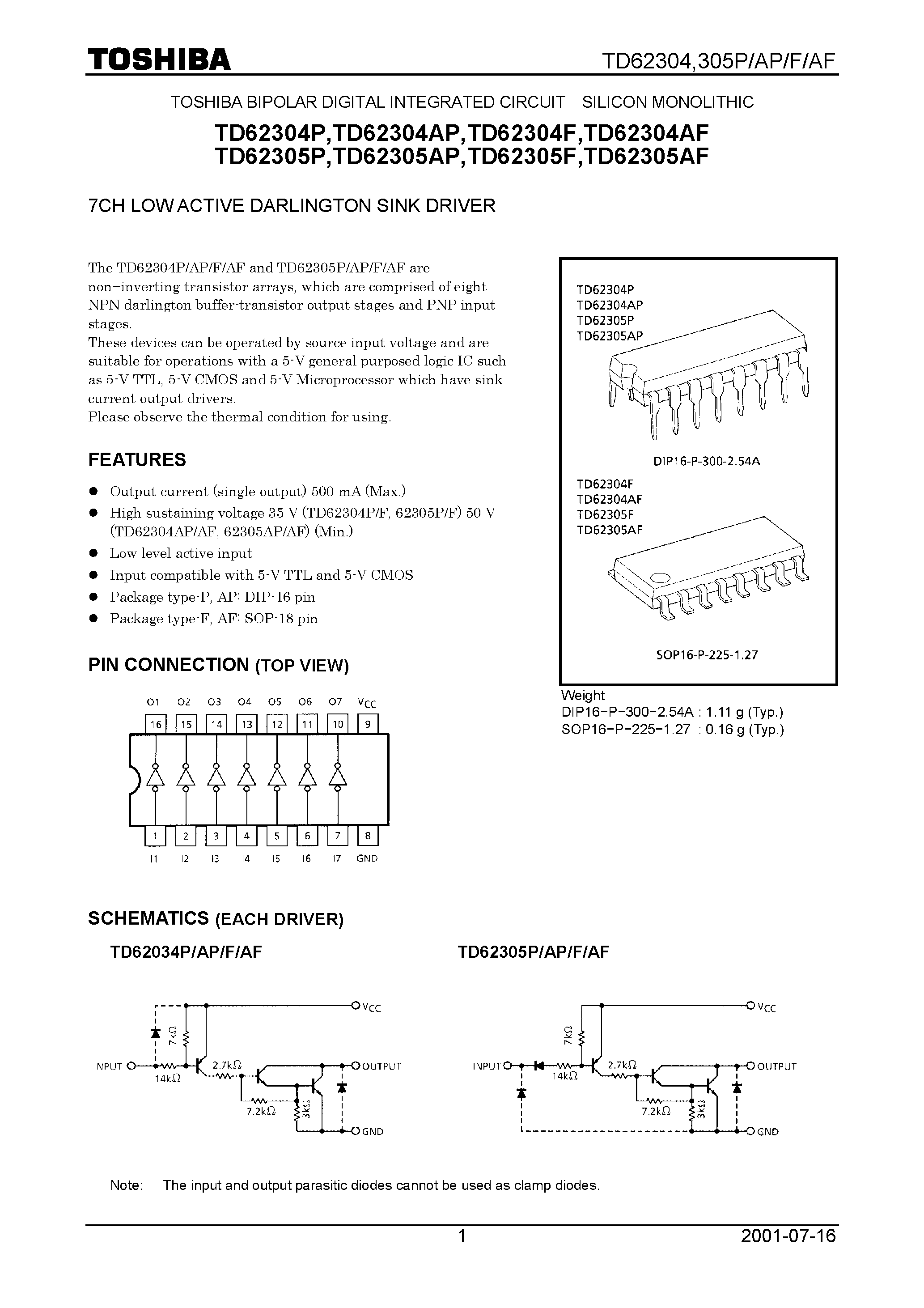 Datasheet TD62304305P - 7CH LOW ACTIVE DARLINGTON SINK DRIVER page 1