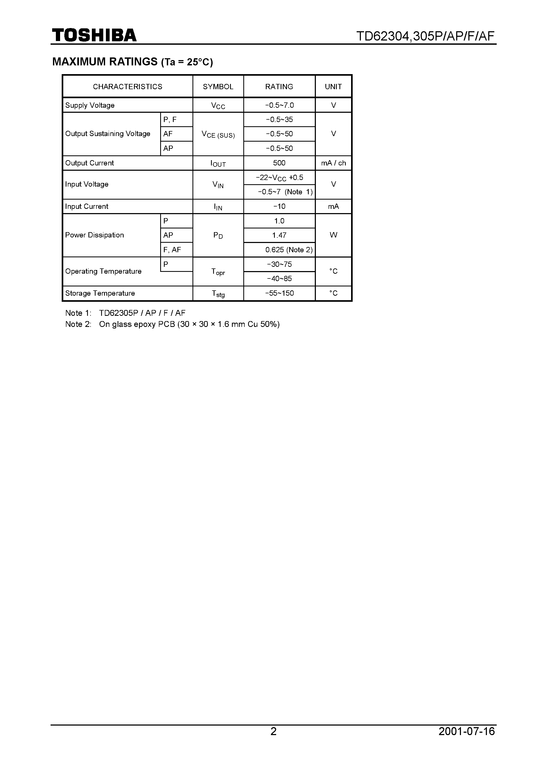 Datasheet TD62304305P - 7CH LOW ACTIVE DARLINGTON SINK DRIVER page 2