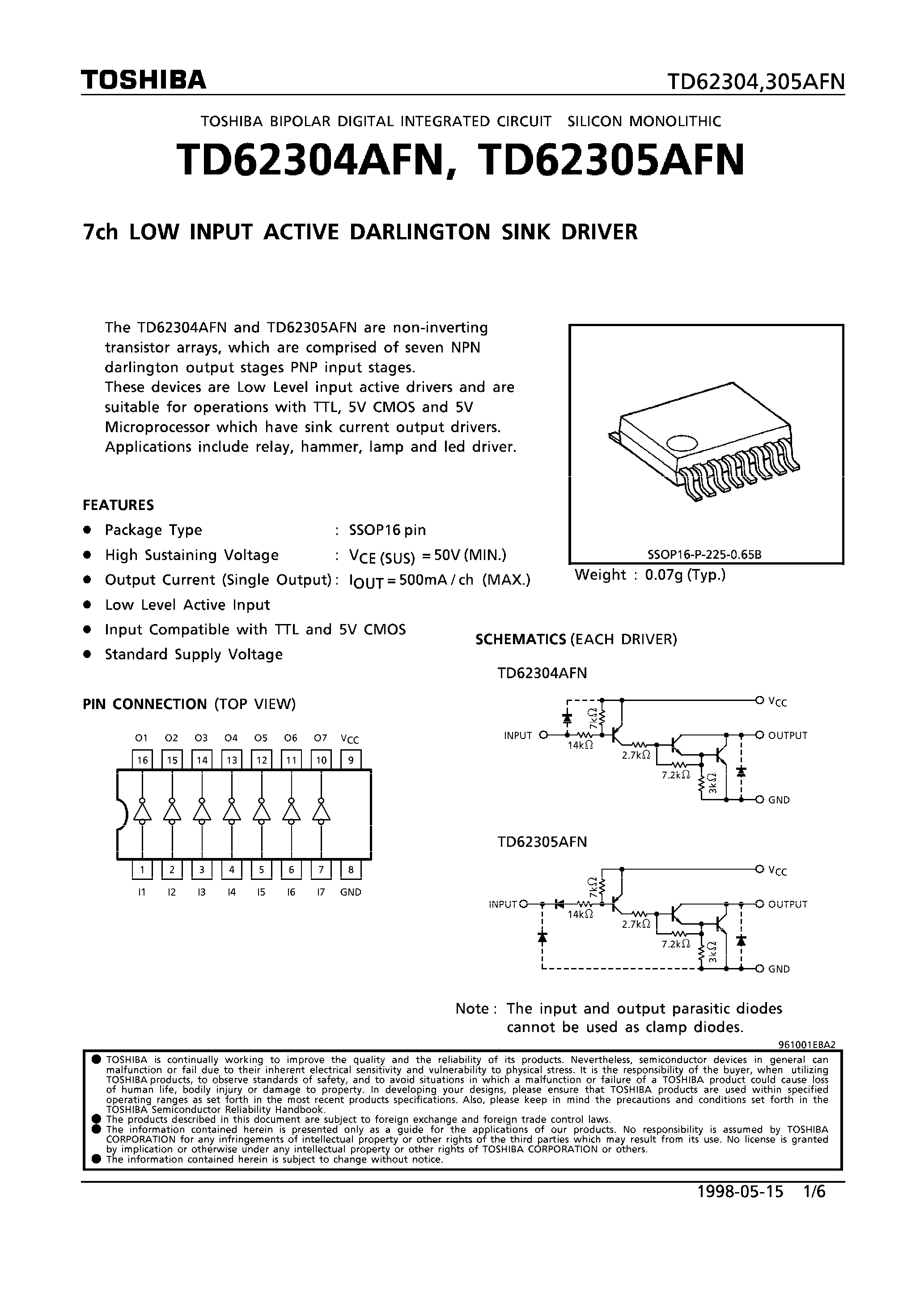 Datasheet TD62304AFN - 7CH LOW INPUT ACTIVE DARLINGTON SINK DRIVER page 1