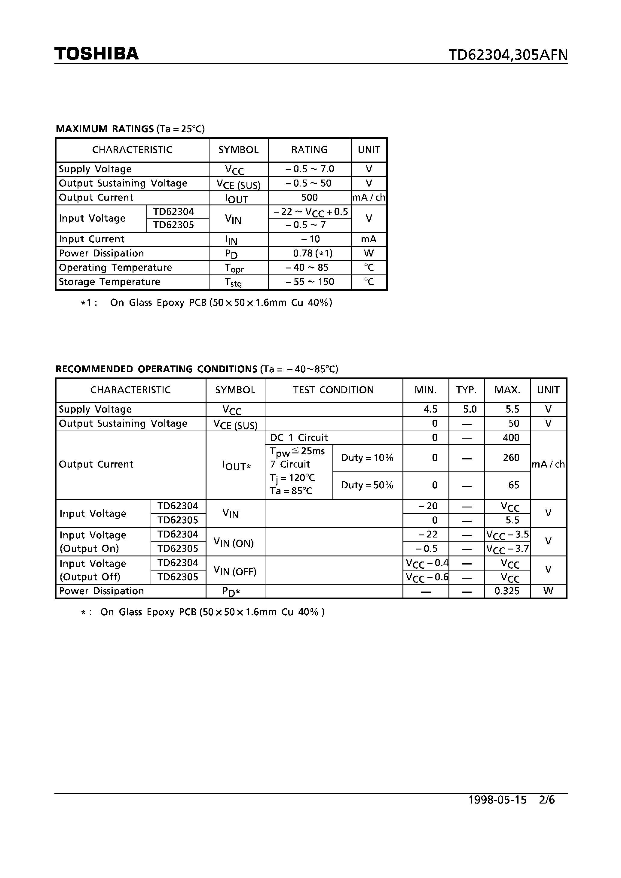 Datasheet TD62304AFN - 7CH LOW INPUT ACTIVE DARLINGTON SINK DRIVER page 2