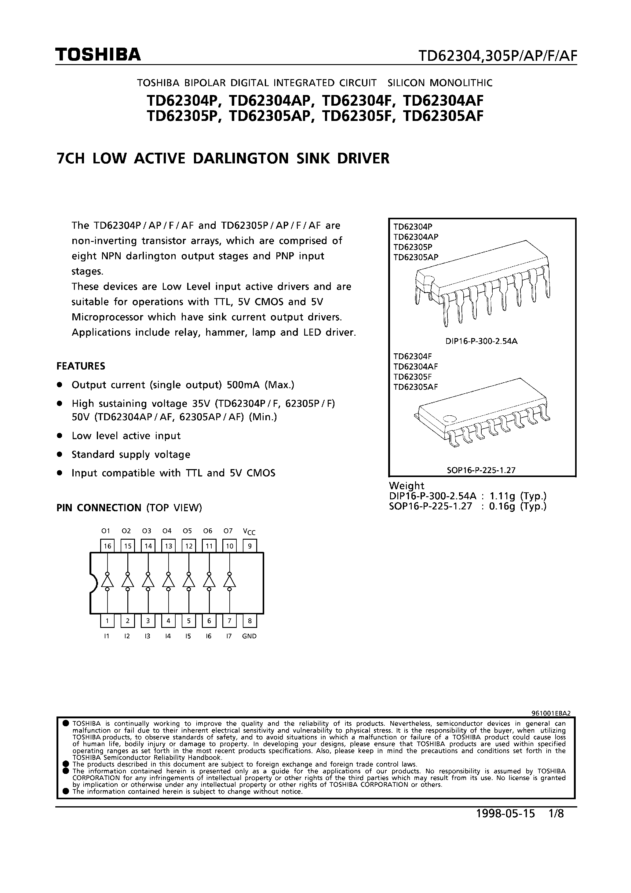 Datasheet TD62304P - 7CH LOW ACTIVE DARLINGTON SINK DRIVER page 1