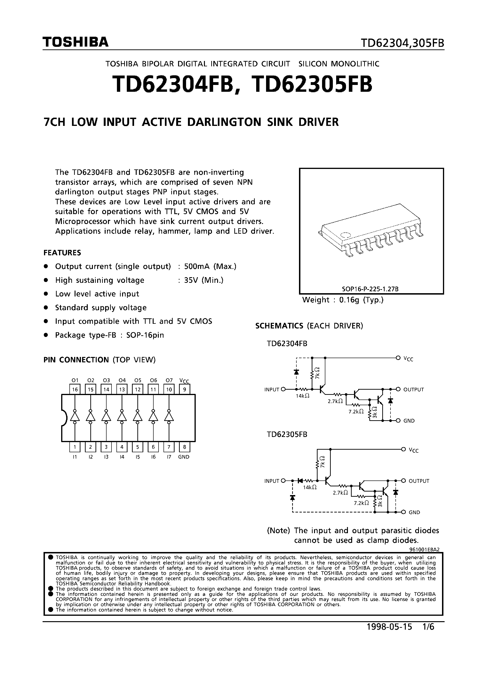 Даташит TD62305FB - 7CH LOW INPUT ACTIVE DARLINGTON SINK DRIVER страница 1