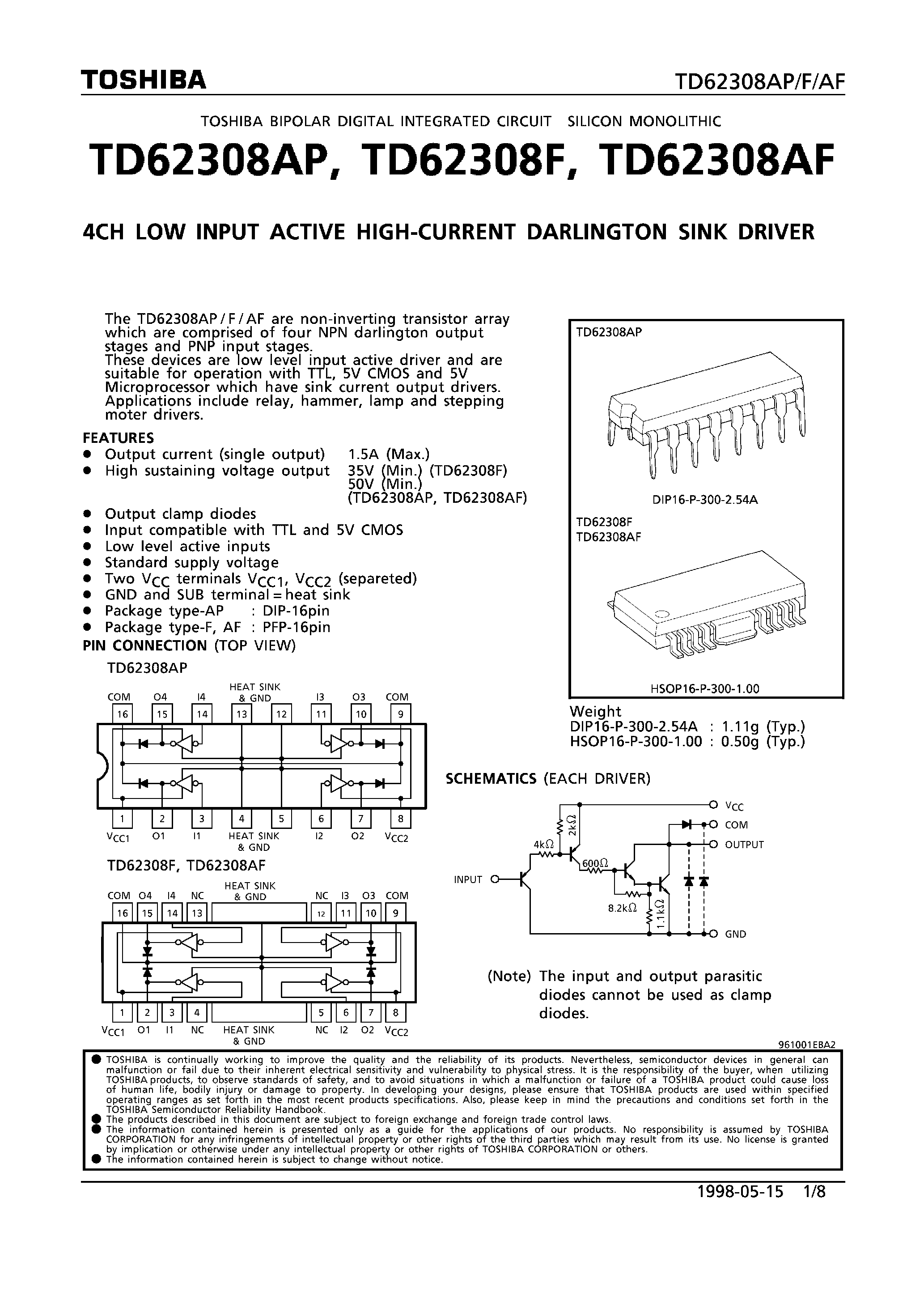 Даташит TD62308 - 4CH LOW INPUT ACTIVE HIGH-CURRENT DARLINGTON SINK DRIVER страница 1