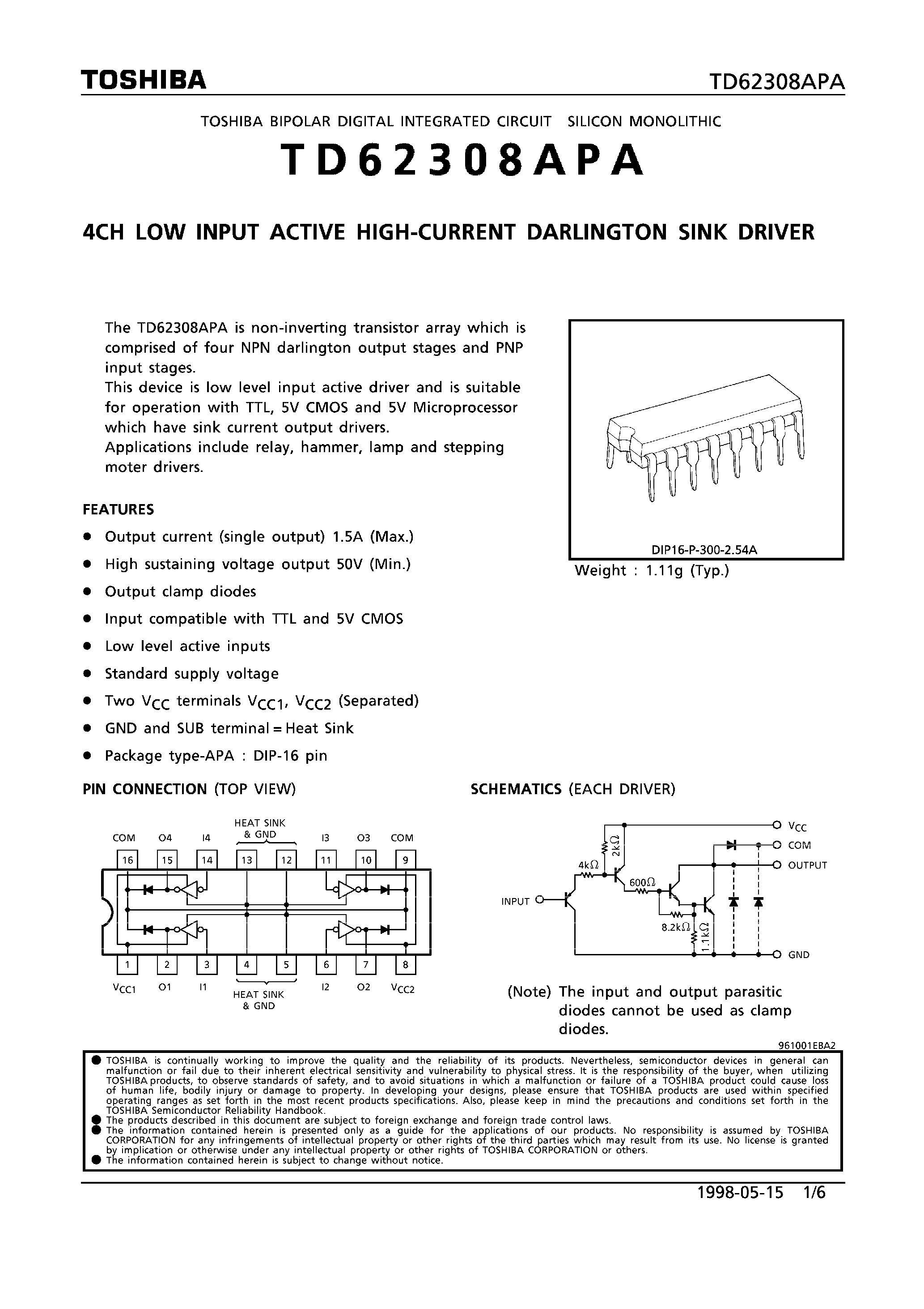 Даташит TD62308APA - 4CH LOW INPUT ACTIVE HIGH-CURRENT DARLINGTON SINK DRIVER страница 1