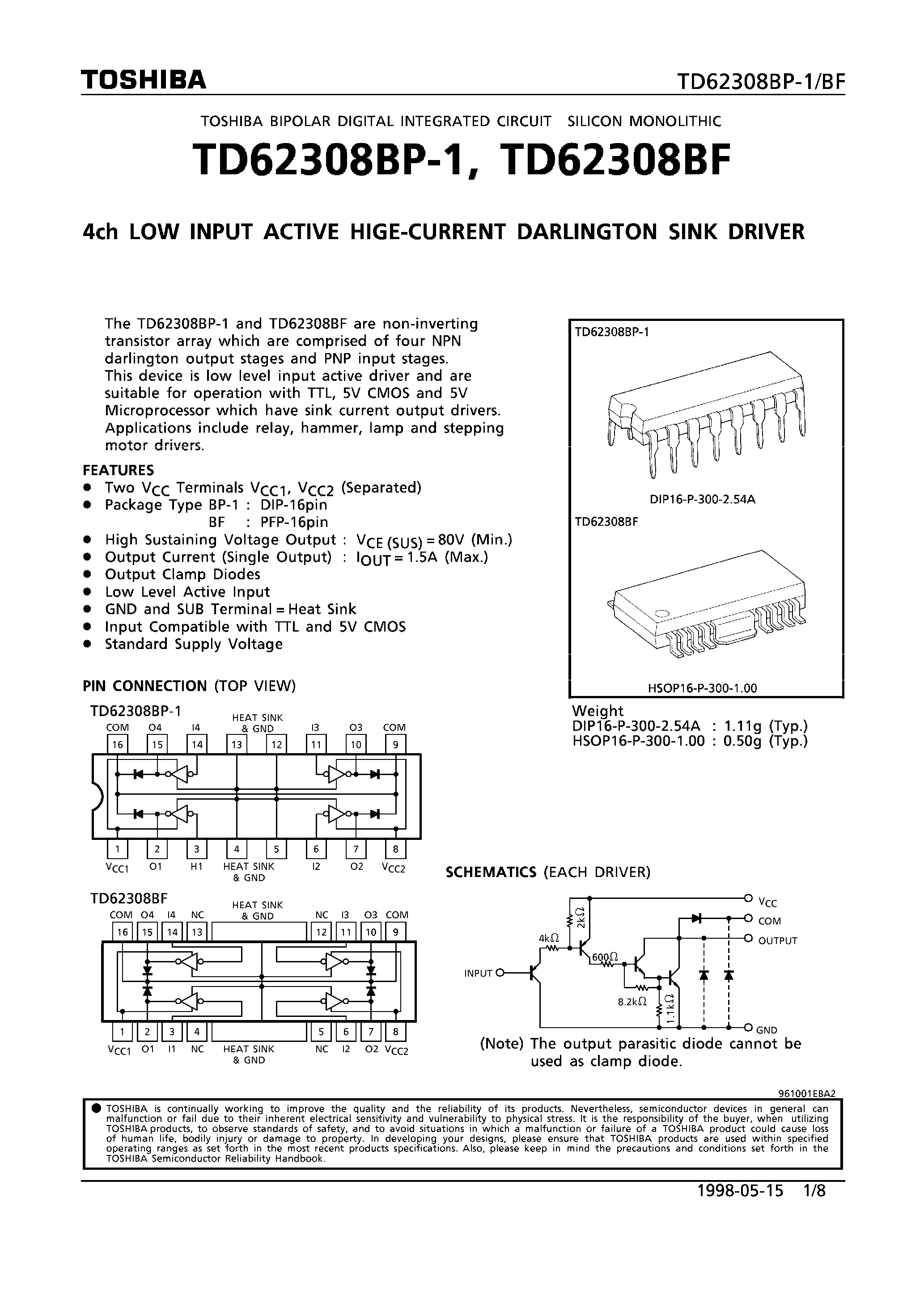 Даташит TD62308BF - 4CH LOW INPUT ACTIVE HIGH-CURRENT DARLINGTON SINK DRIVER страница 1