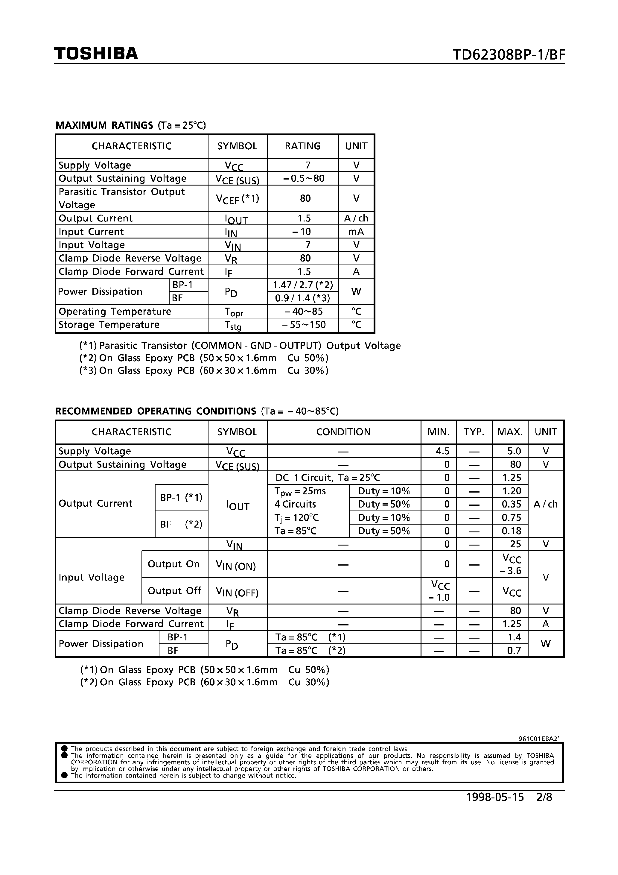 Даташит TD62308BP-1 - 4CH LOW INPUT ACTIVE HIGH-CURRENT DARLINGTON SINK DRIVER страница 2