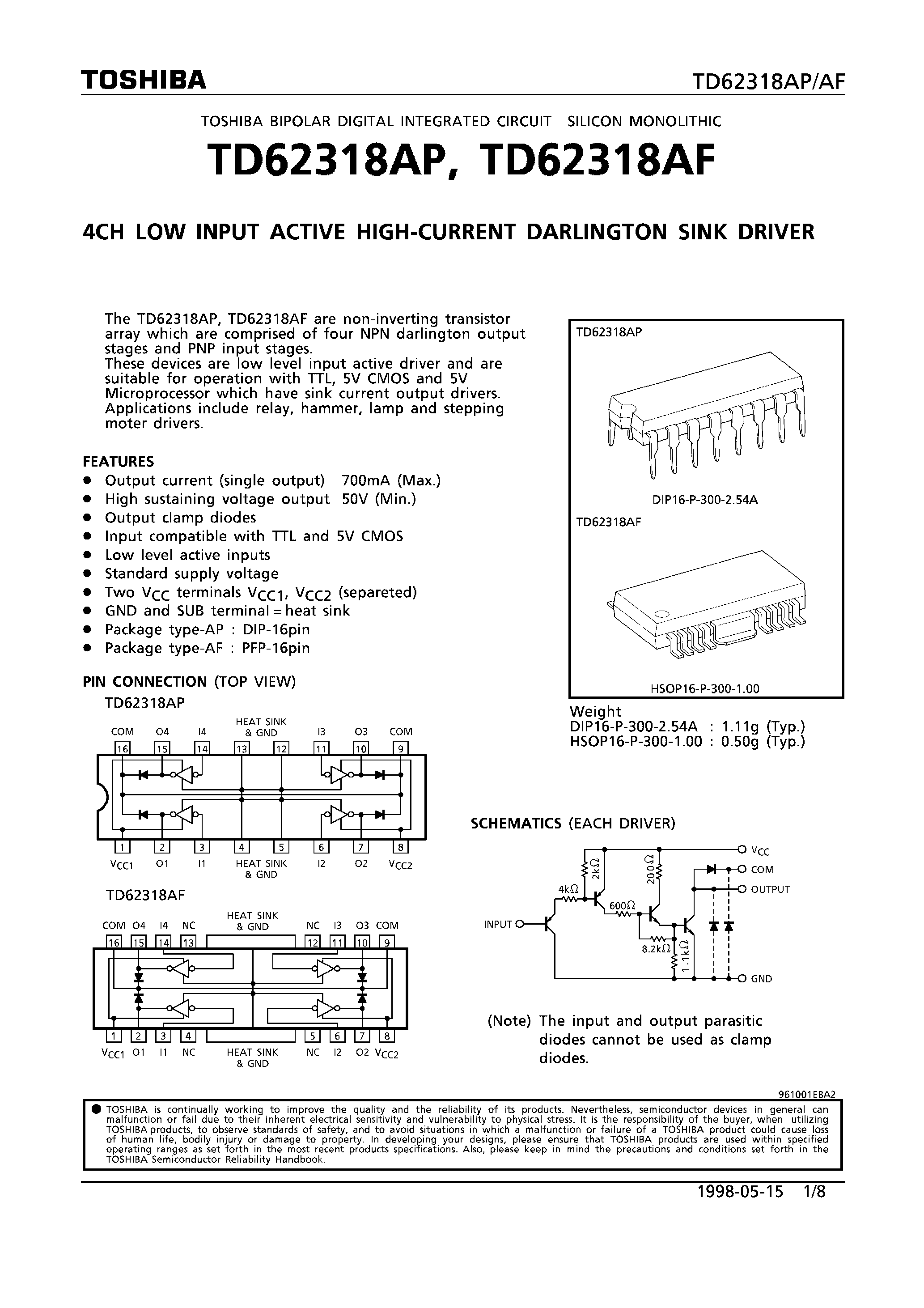 Даташит TD62318 - 4CH LOW INPUT ACTIVE HIGH-CURRENT DARLNGTON SINK DRIVER страница 1