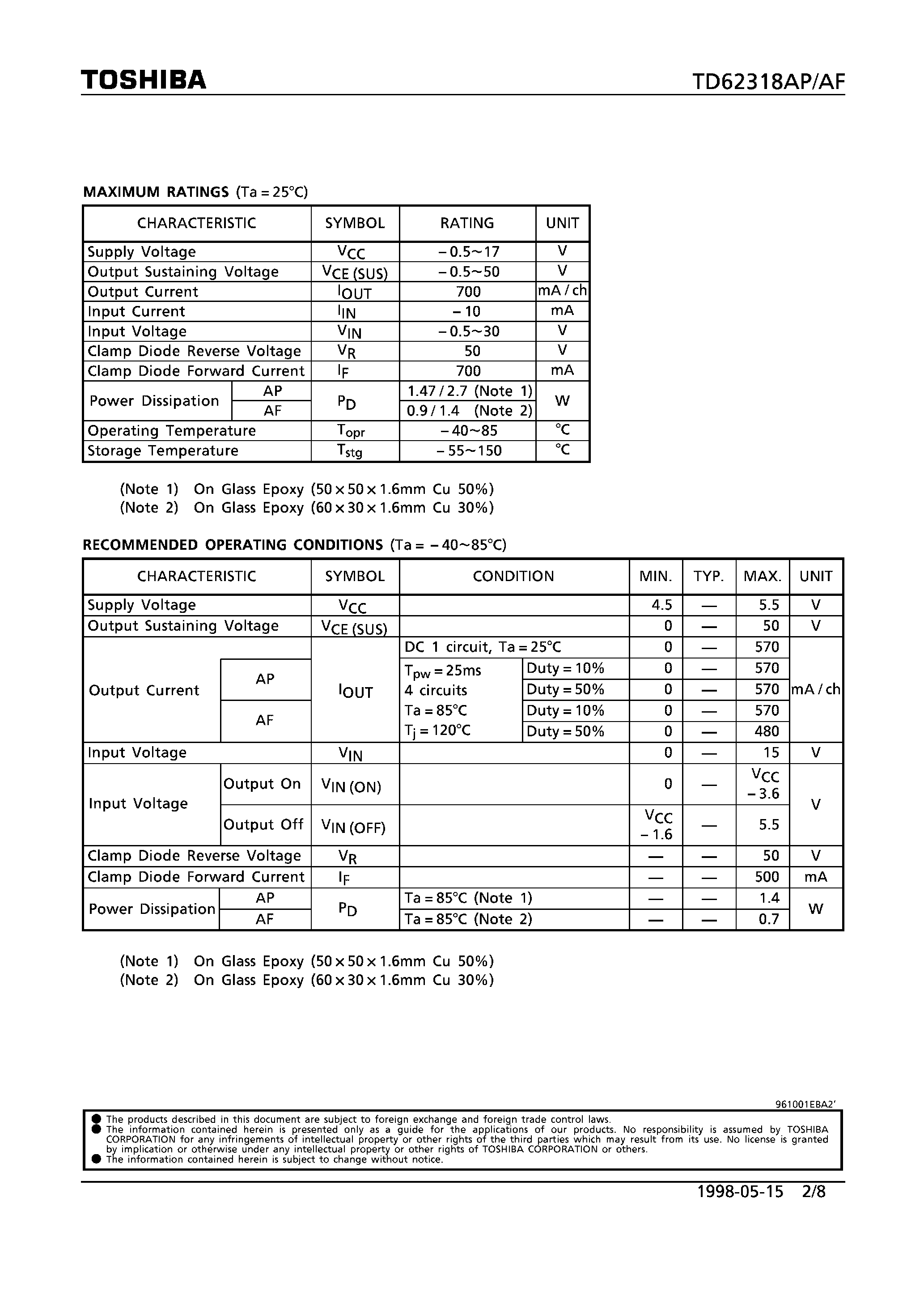 Datasheet TD62318AF - 4CH LOW INPUT ACTIVE HIGH-CURRENT DARLINGTON SINK DRIVER page 2