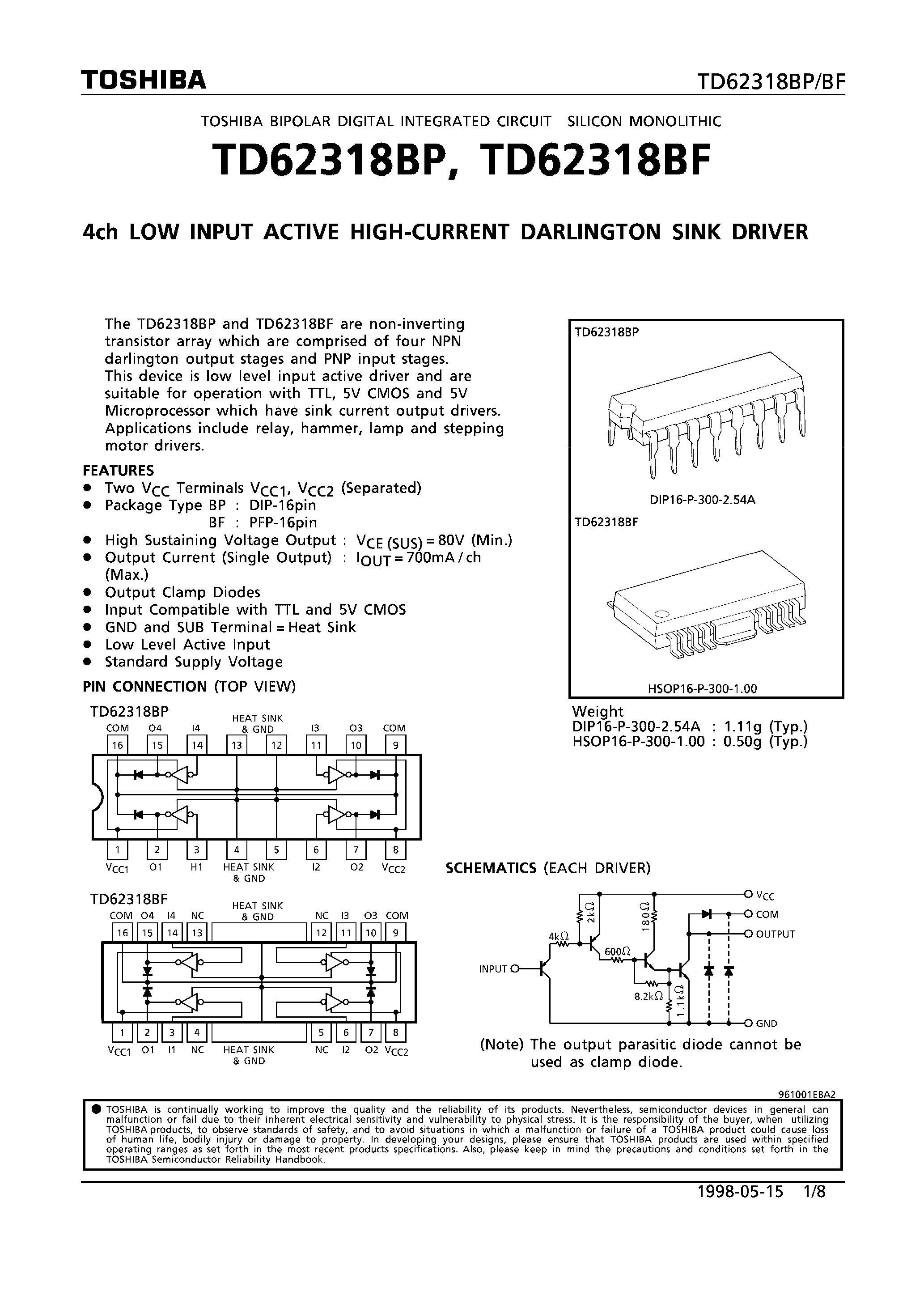 Datasheet TD62318BF - 4CH LOW INPUT ACTIVE HIGH-CURRENT DARLNGTON SINK DRIVER page 1