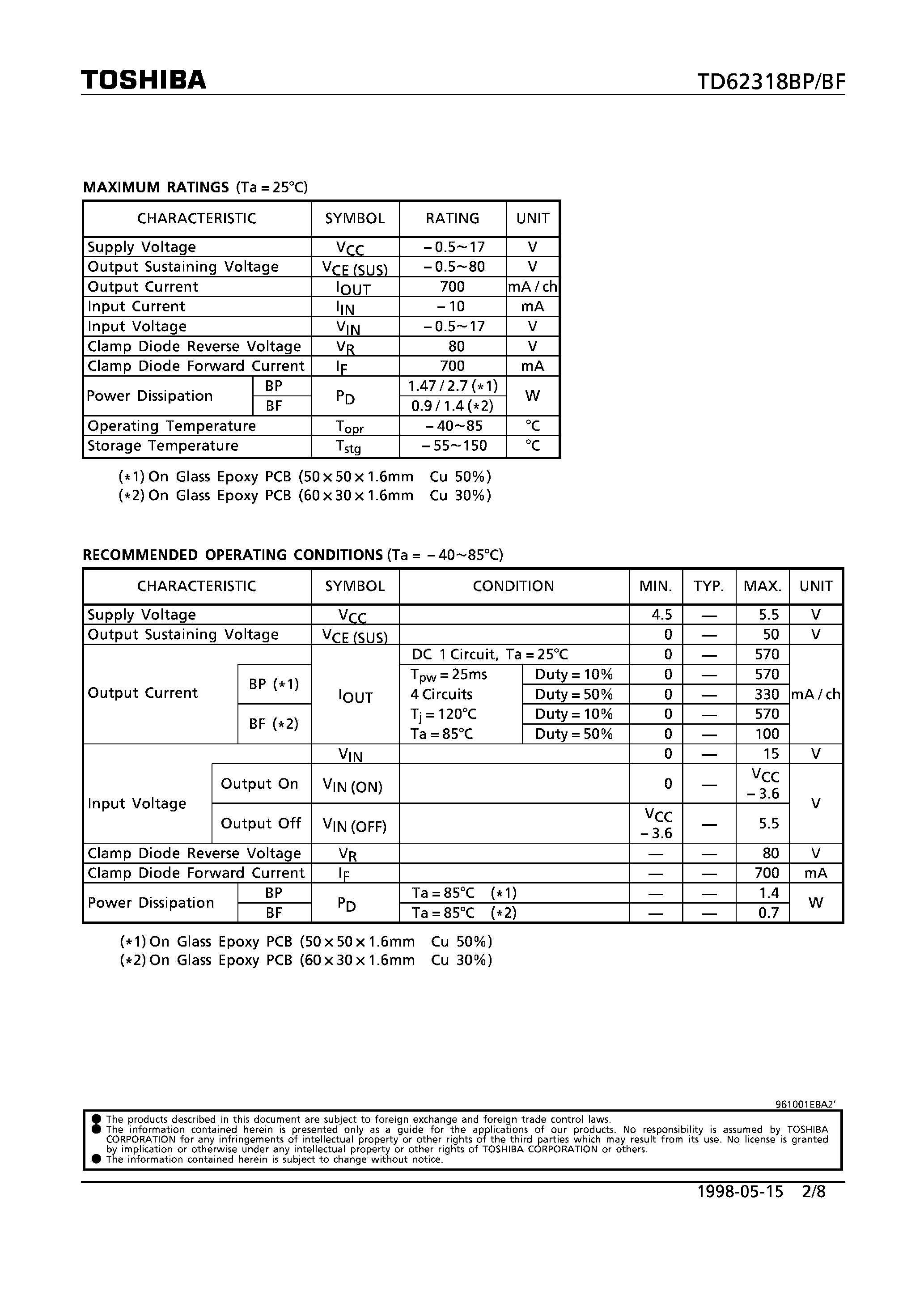 Datasheet TD62318BF - 4CH LOW INPUT ACTIVE HIGH-CURRENT DARLNGTON SINK DRIVER page 2