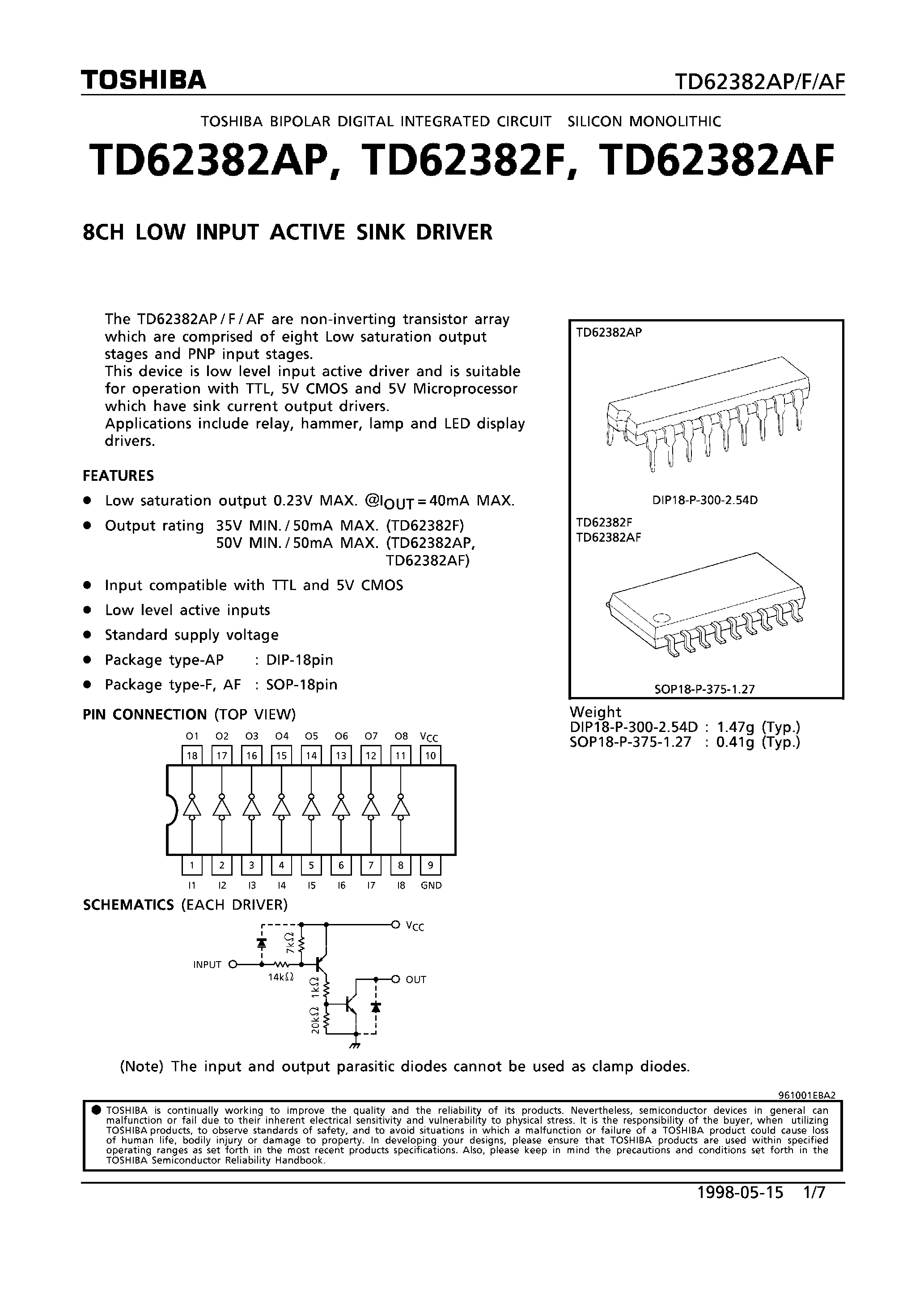 Datasheet TD62382AF - 8CH LOW INPUT ACTIVE SINK DRIVER page 1