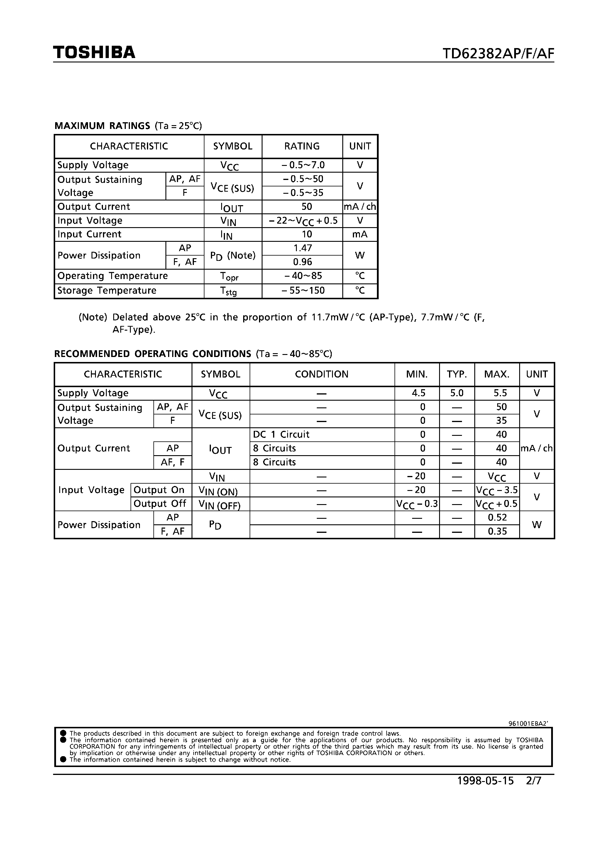 Datasheet TD62382AF - 8CH LOW INPUT ACTIVE SINK DRIVER page 2