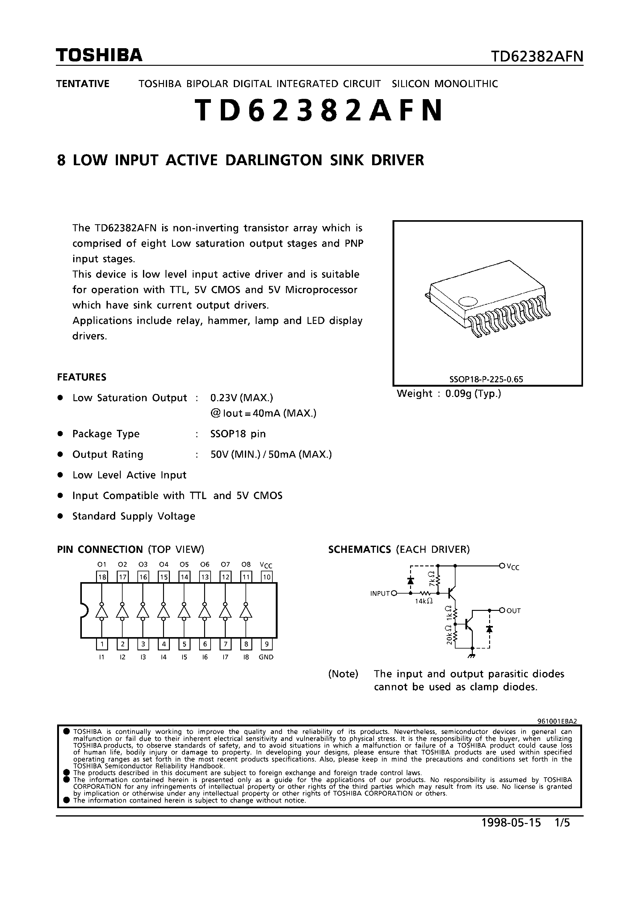 Даташит TD62382AFN - 8 LOW INPUT ACTIVE DARLINGTON SINK DRIVER страница 1