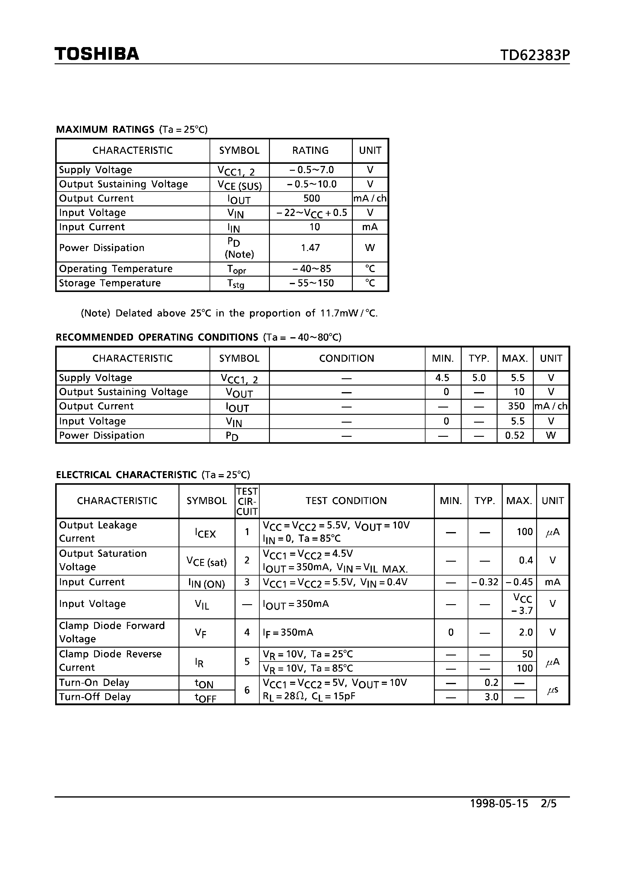 Datasheet TD62383 - 8CH LOW INPUT ACTIVE SINK DRIVER page 2