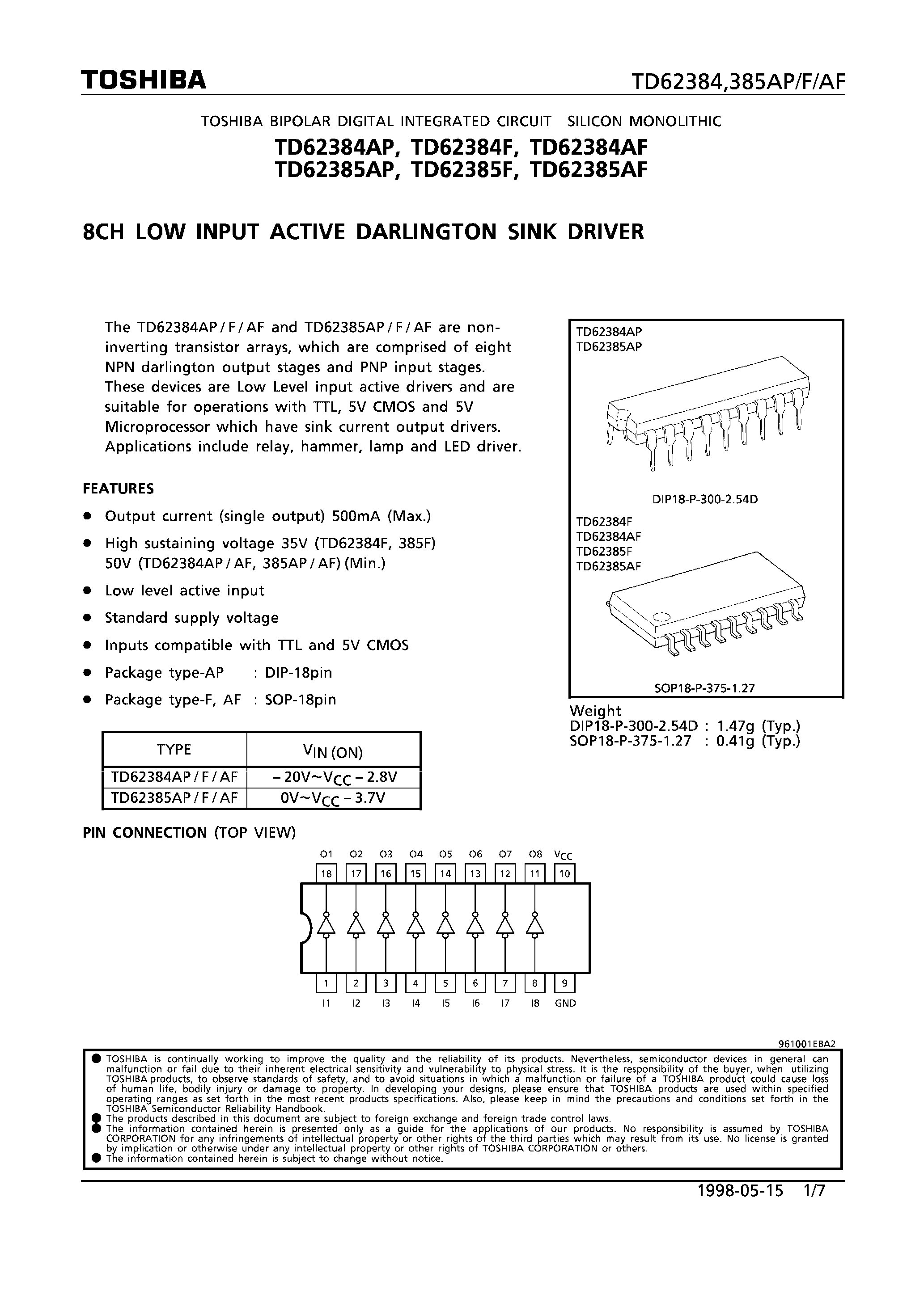 Datasheet TD62384AF - 8CH LOW INPUT ACTIVE DARLINGTON SINK DRIVER page 1