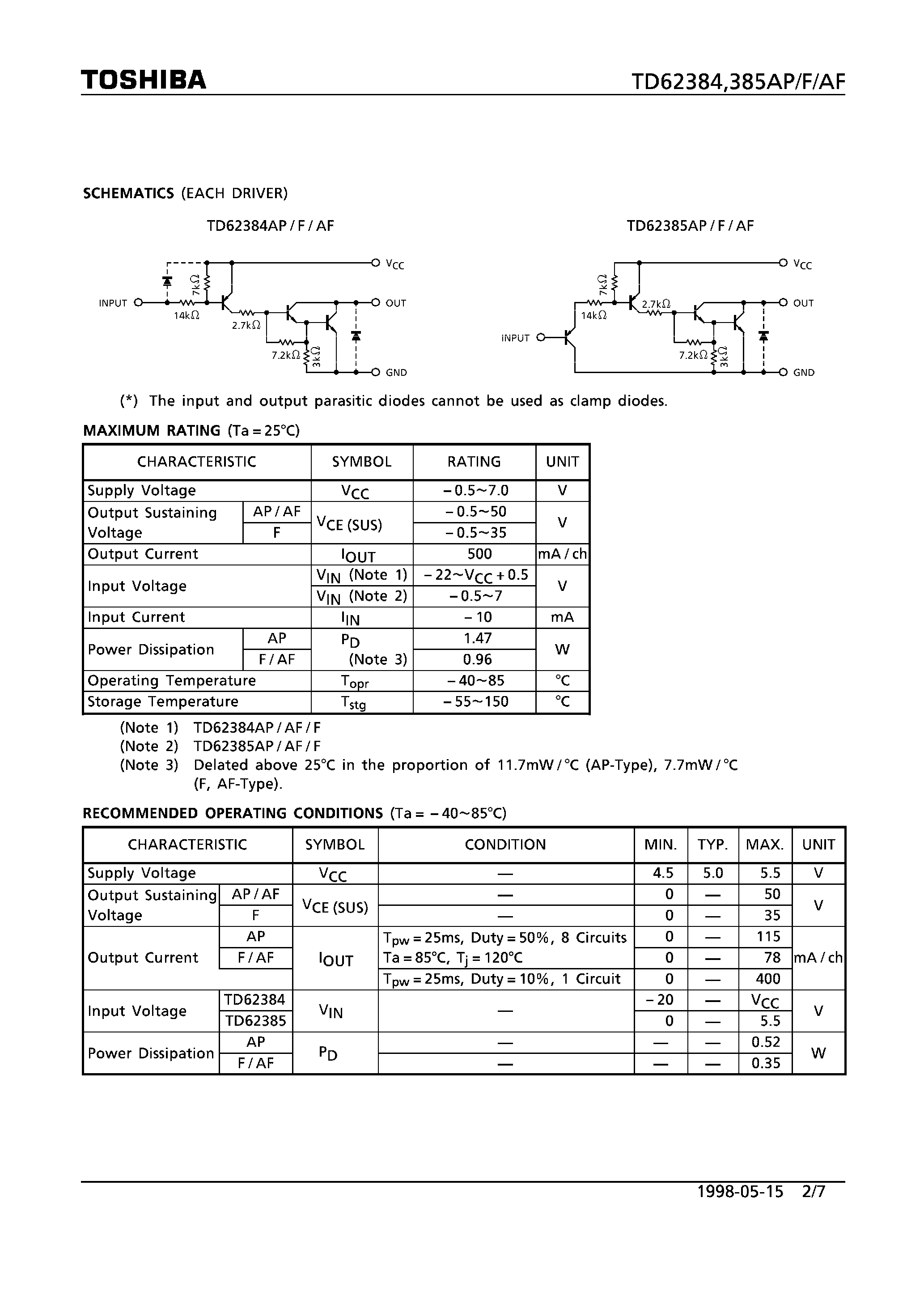 Datasheet TD62384AF - 8CH LOW INPUT ACTIVE DARLINGTON SINK DRIVER page 2