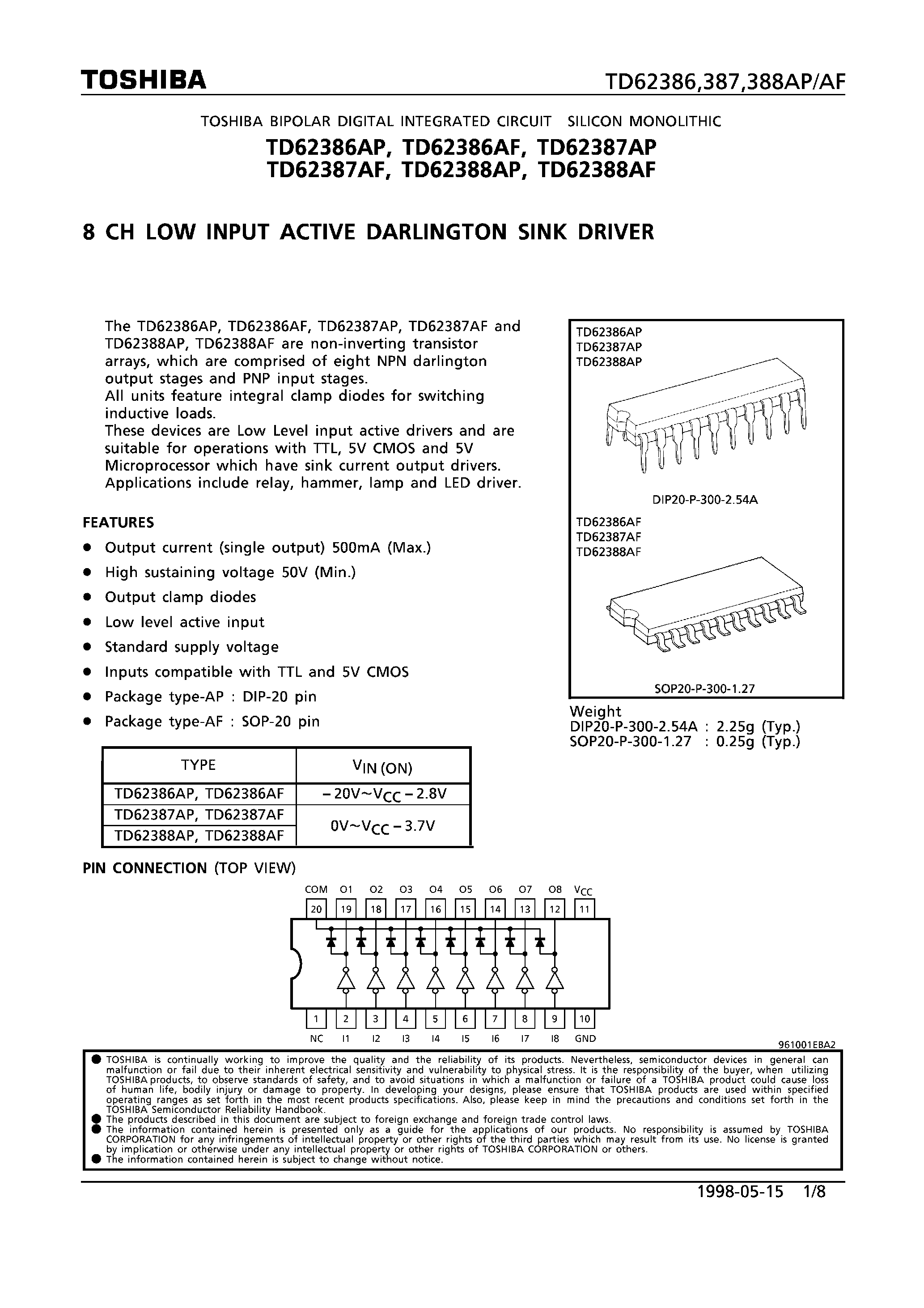 Даташит TD62386AP - 8CH LOW INPUT ACTIVE DARLINGTON SINK DRIVER страница 1