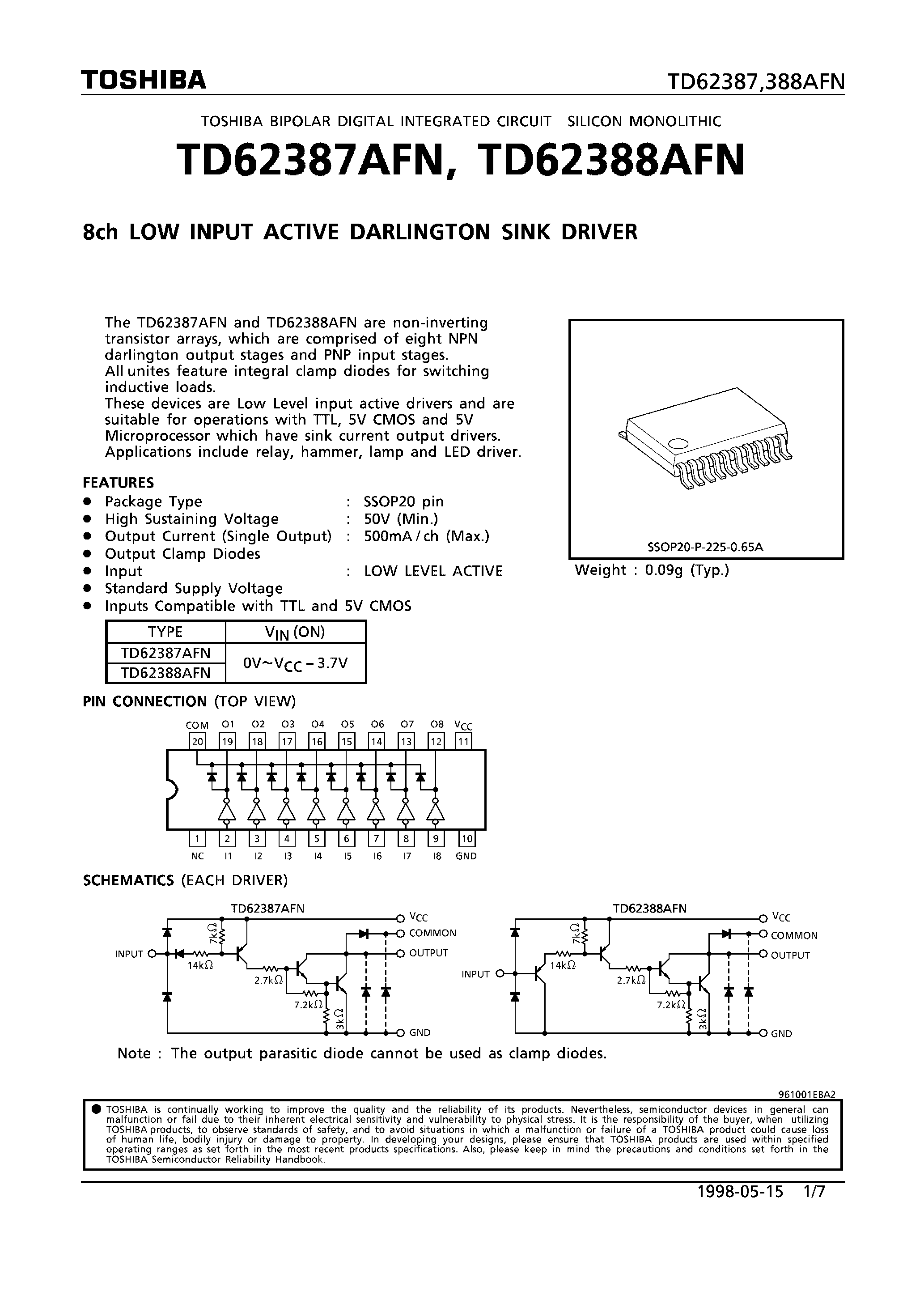 Datasheet TD62387 - 8CH LOW INPUT ACTIVE DARLINGTON SINK DRIVER page 1