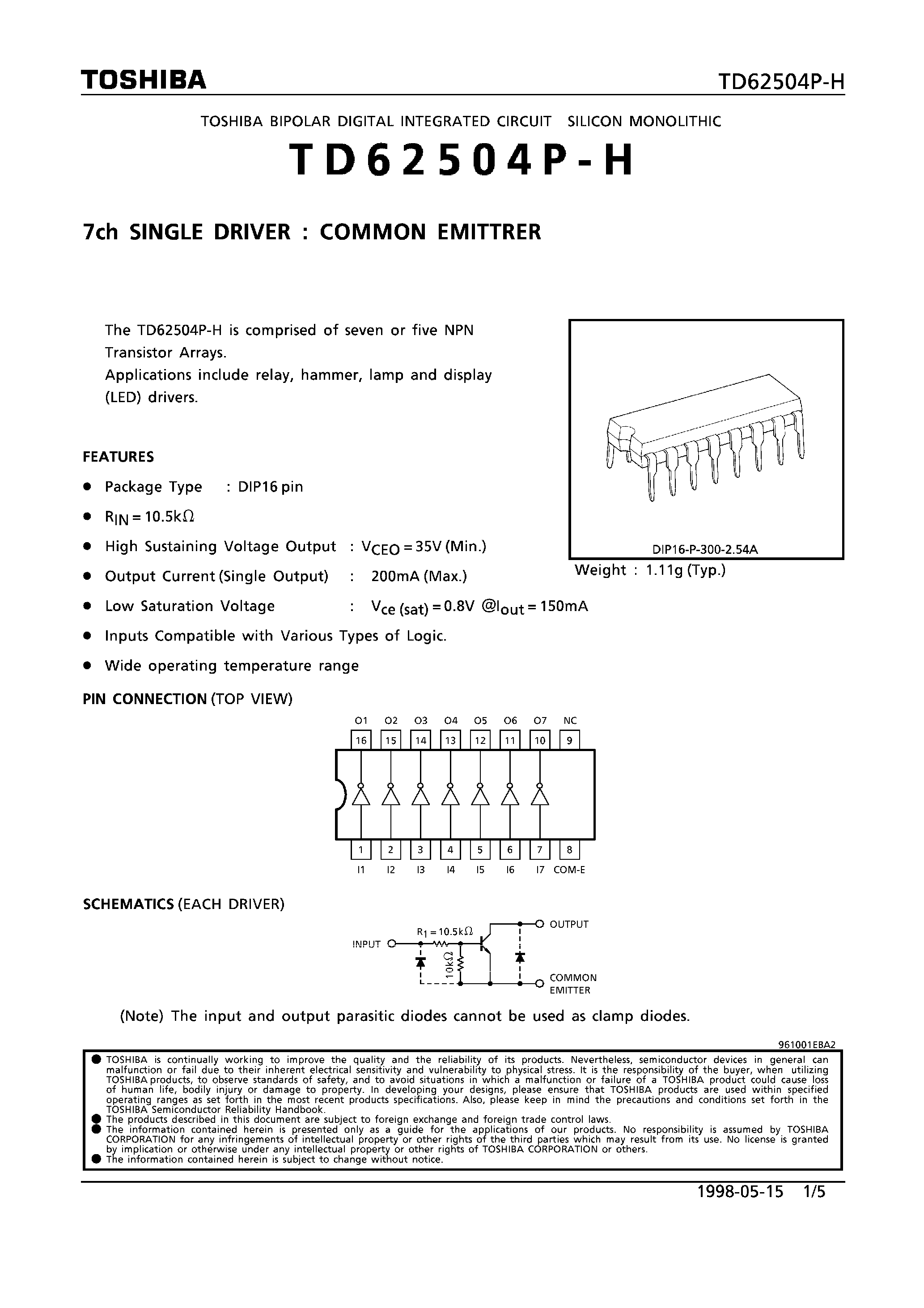 Даташит TD62504P-H - 7CH SINGLE DRIVER : COMMON DMITTRER страница 1