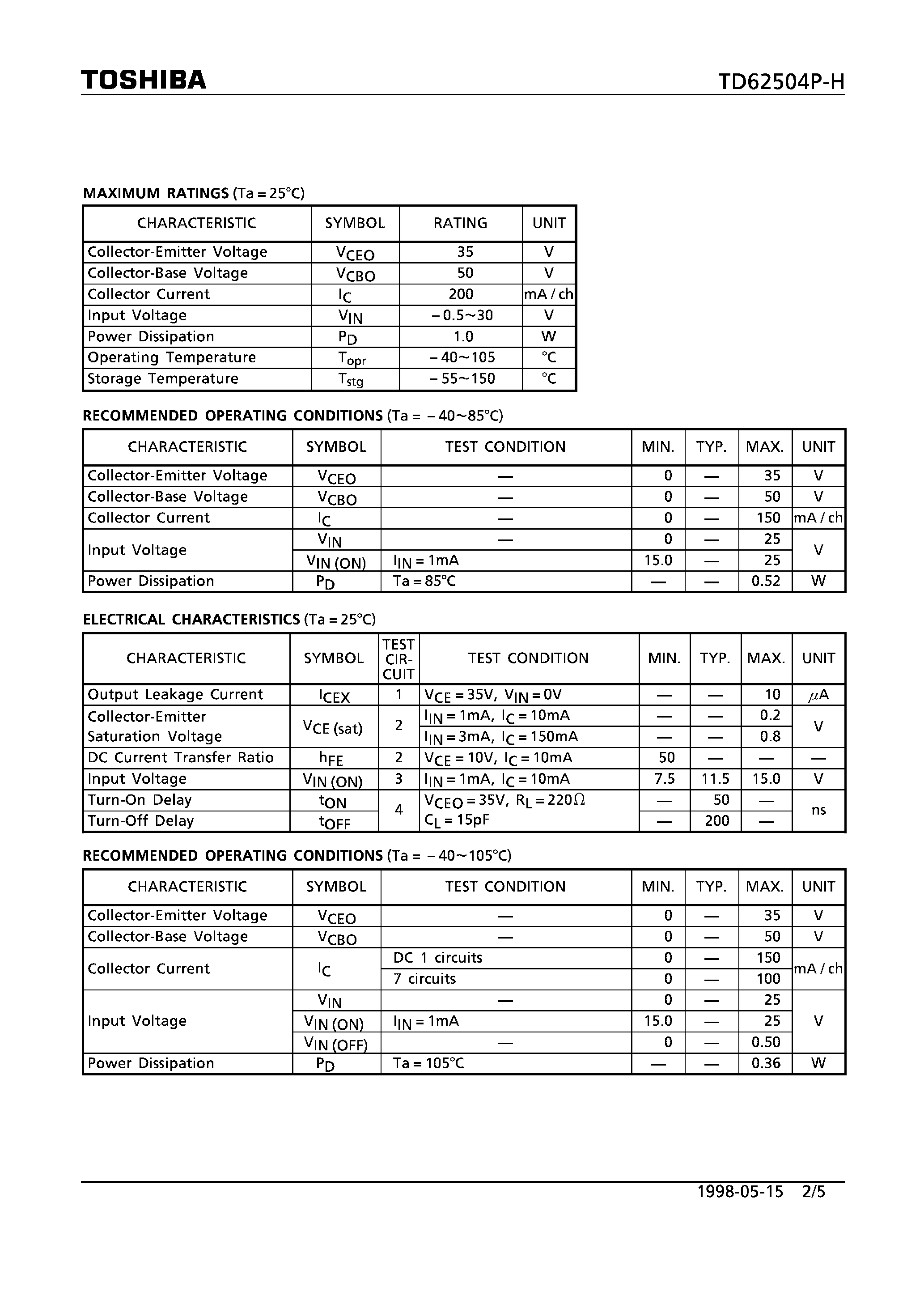 Даташит TD62504P-H - 7CH SINGLE DRIVER : COMMON DMITTRER страница 2