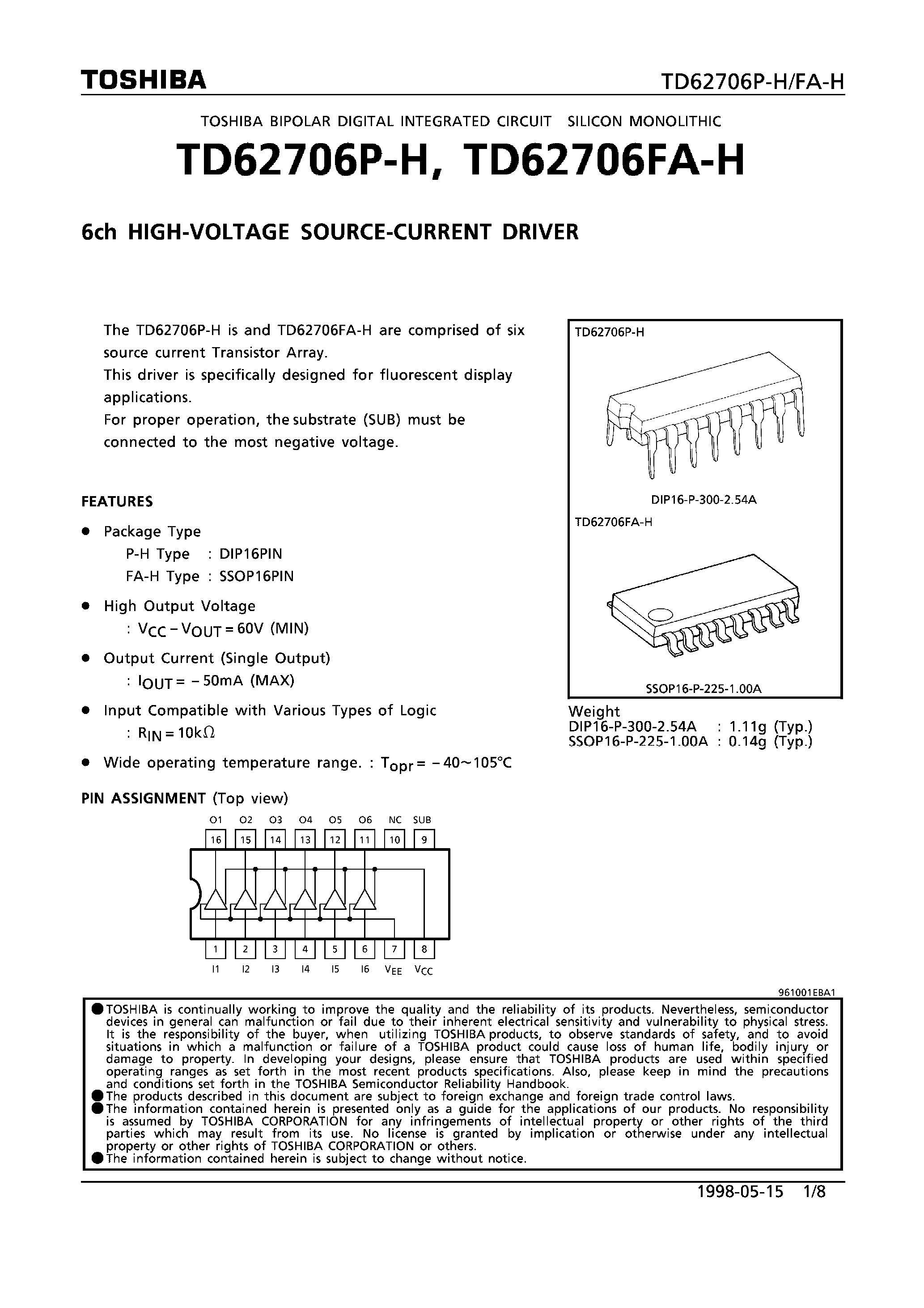 Даташит TD62706A-H - 6CH HIGH-VOLTAGE SOURCE-CURRENT DRIVER страница 1