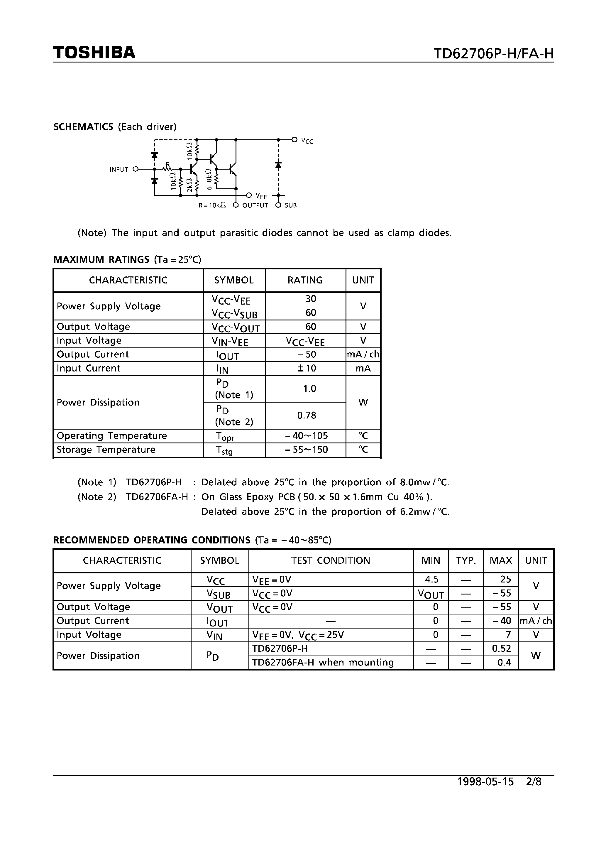 Даташит TD62706A-H - 6CH HIGH-VOLTAGE SOURCE-CURRENT DRIVER страница 2