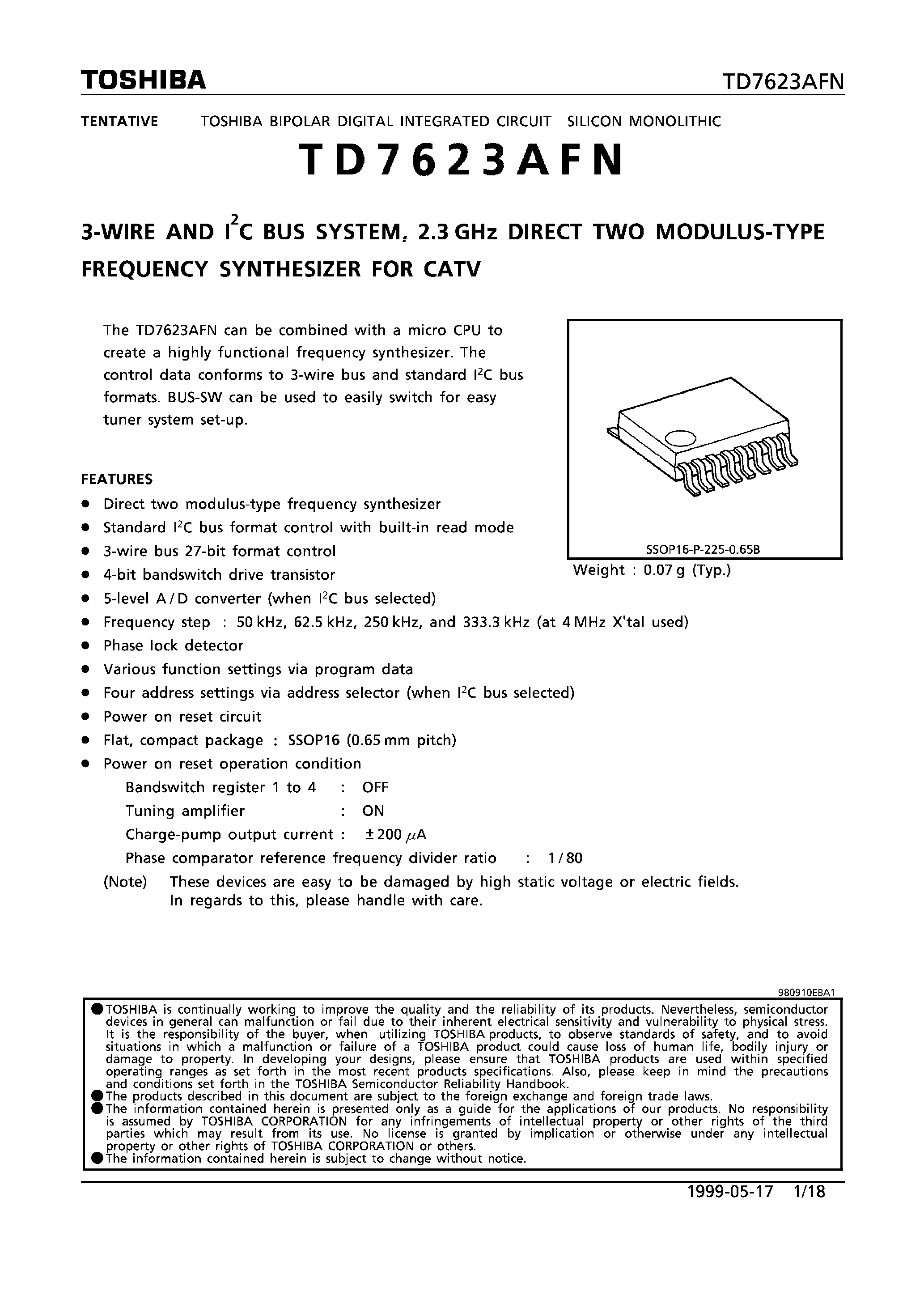 Даташит TD7623AFN - 3-WIRE AND I2C BUS SYSTEM/ 2.3 GHz DIRECT TWO MODULUS-TYPE FREQUENCY SYNTHESIZER FOR CATV страница 1