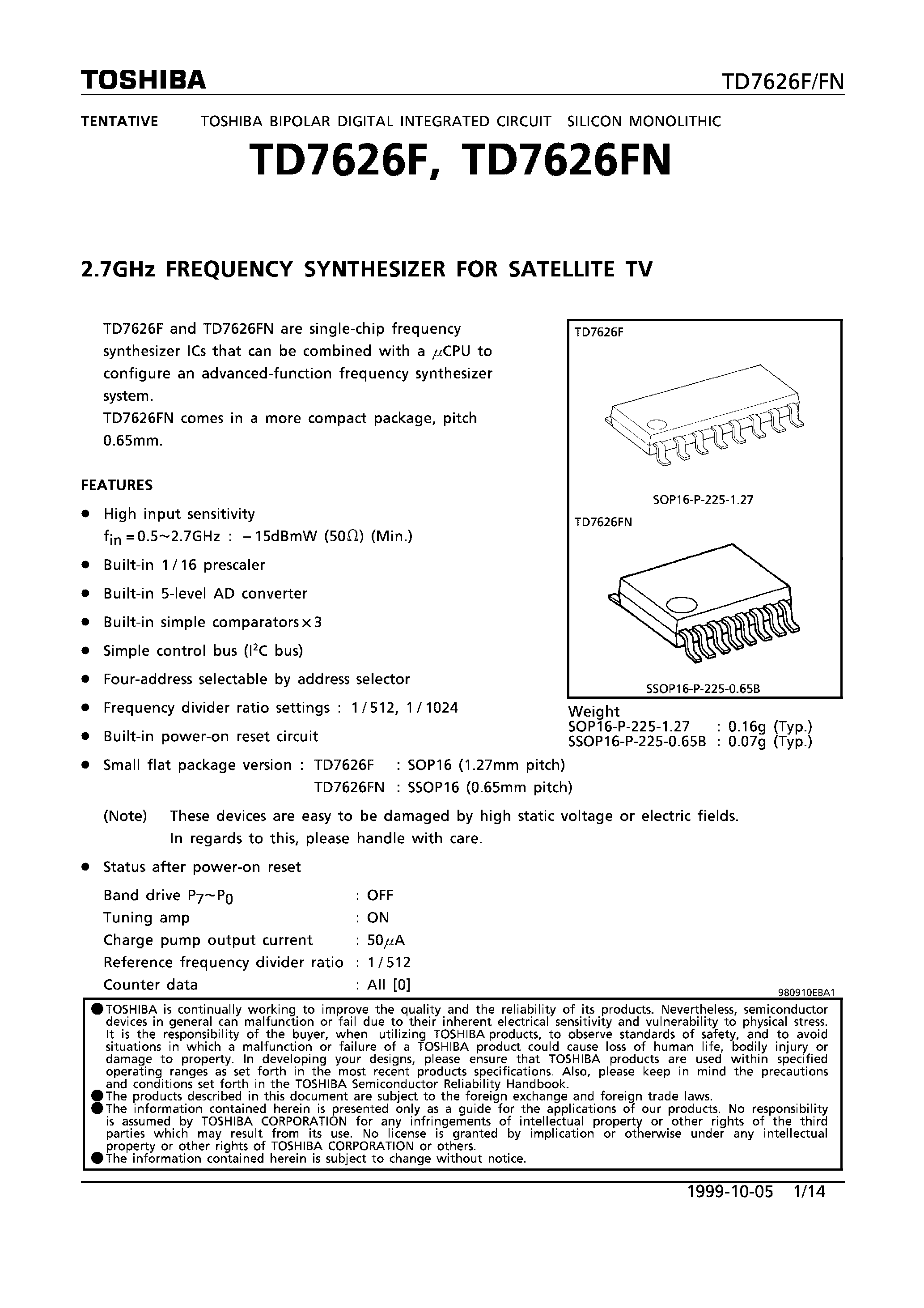 Даташит TD7626F - 2.7GHz FREQUENCY SYNTHESIZER FOR SATELLITE TV страница 1