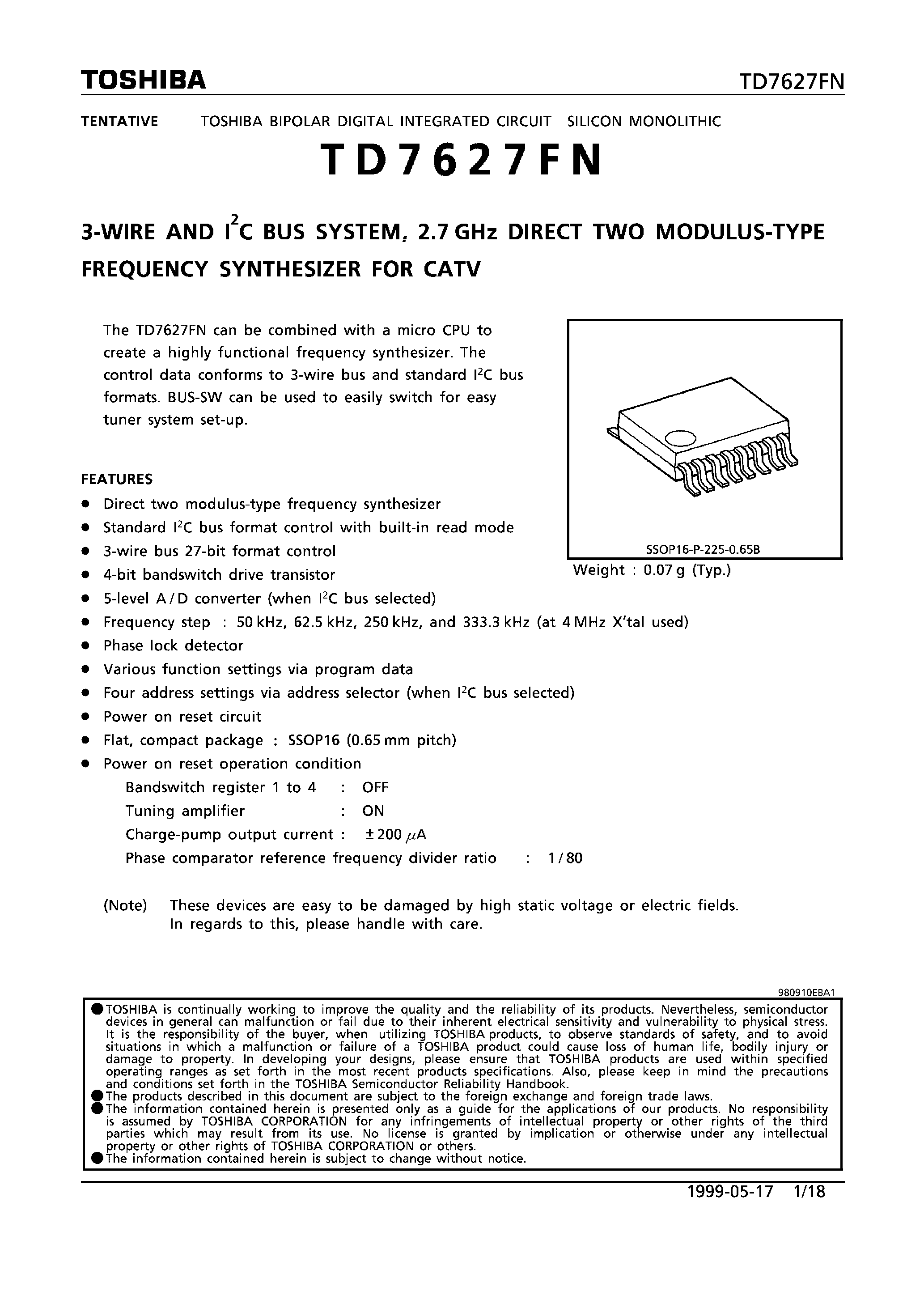 Даташит TD7627FN - 30WIRE AND I2C BUS SYSTEM/ 2.7 GHz DIRECT TWO MODULUS-TYPE FREQUENCY SYNTHSIZER FOR CATV страница 1