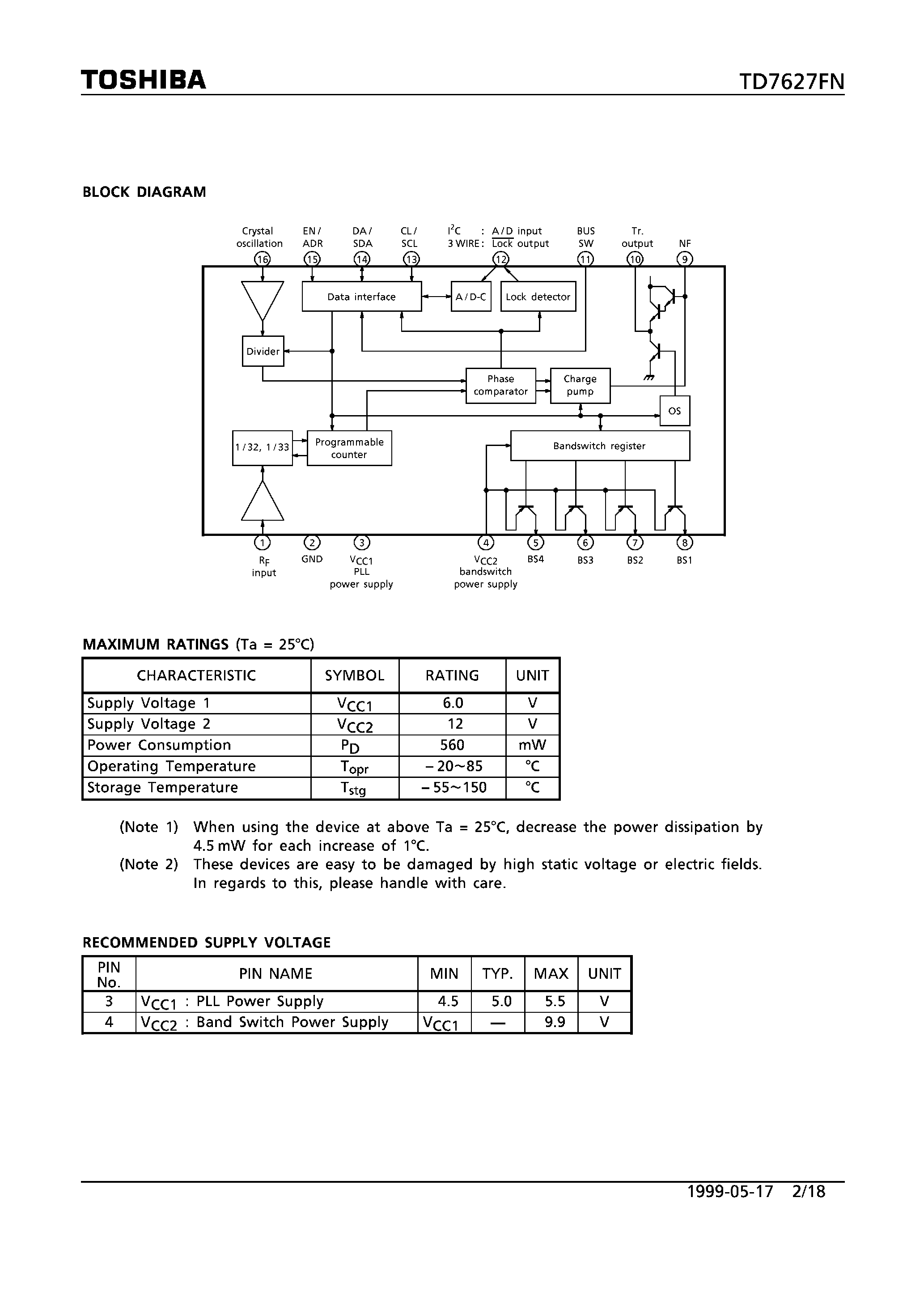 Даташит TD7627FN - 30WIRE AND I2C BUS SYSTEM/ 2.7 GHz DIRECT TWO MODULUS-TYPE FREQUENCY SYNTHSIZER FOR CATV страница 2