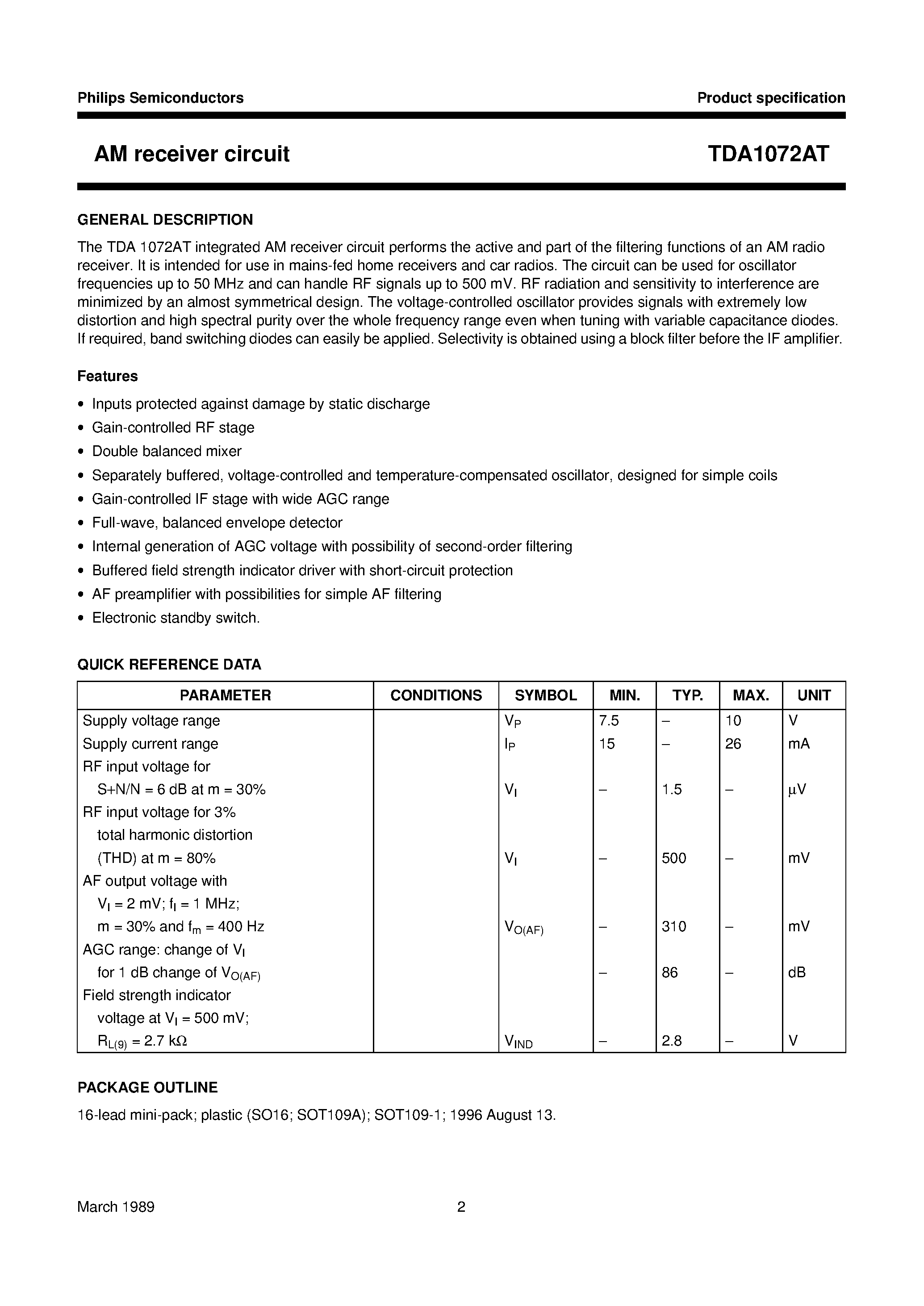 Datasheet TDA1072AT - AM receiver circuit page 2