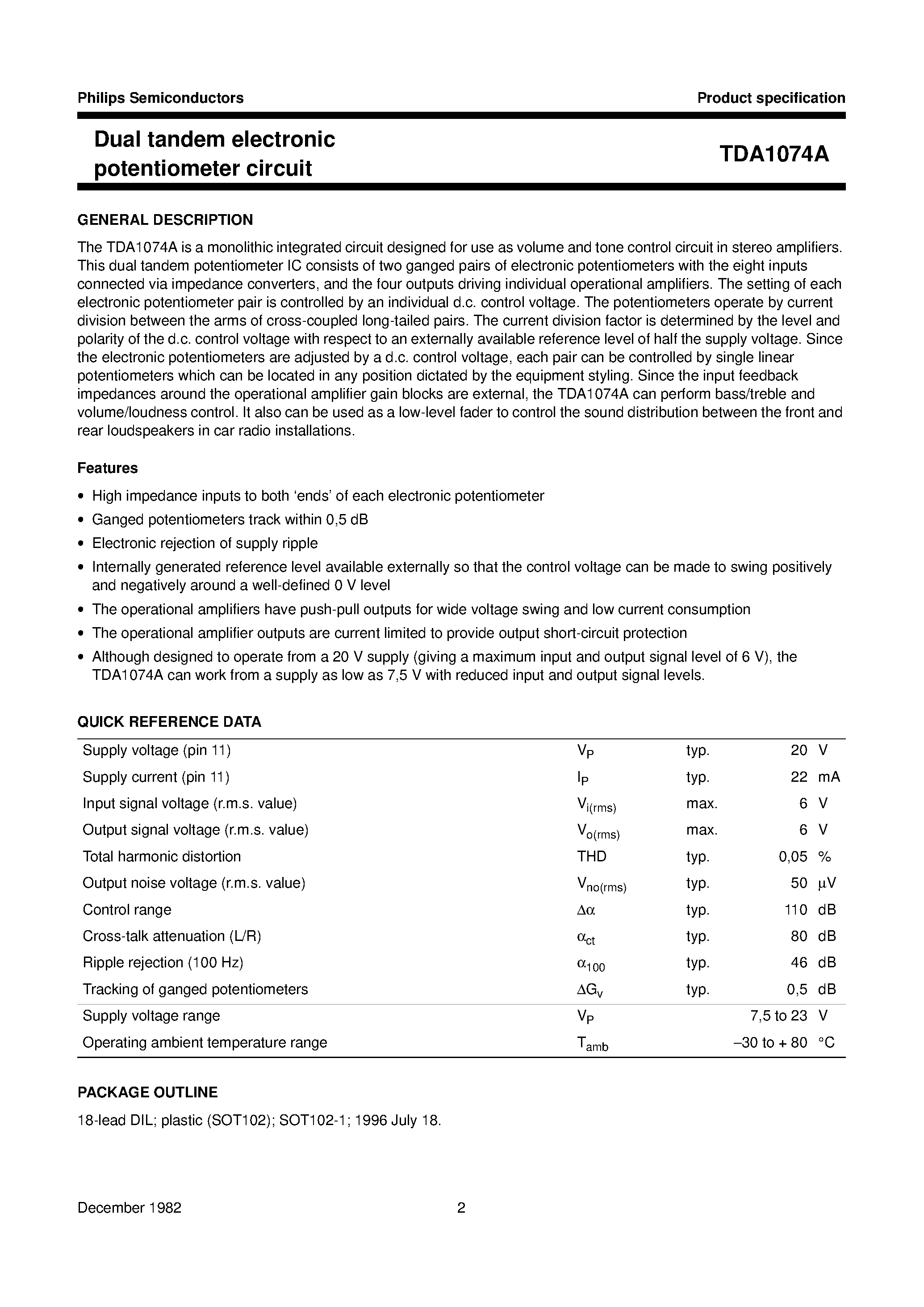 Datasheet TDA1074 - Dual tandem electronic potentiometer circuit page 2